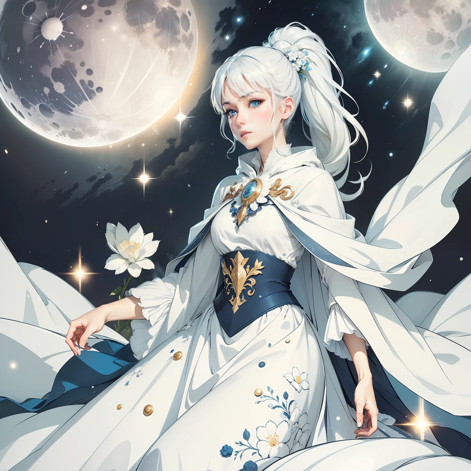 Masterpiece, (Best Quality: 1.2), (Super Fine: 1.2), Illustration, (Extremely Delicate and Beautiful: 1.2), Film Angle, Floating, (Beautiful Detail Eye: 1.1), (Detail Light: 1.1), Film Lights, Delicate Sky, Woman, White Hair, Blue Eyes, (High Ponytail: 1.1), Cloak, Glowing Eyes, (Moon: 1.2), (Moonlight: 1.1), Starry Sky, (Light Particles: 1.1), Fog , snow painting, sketching, blooming