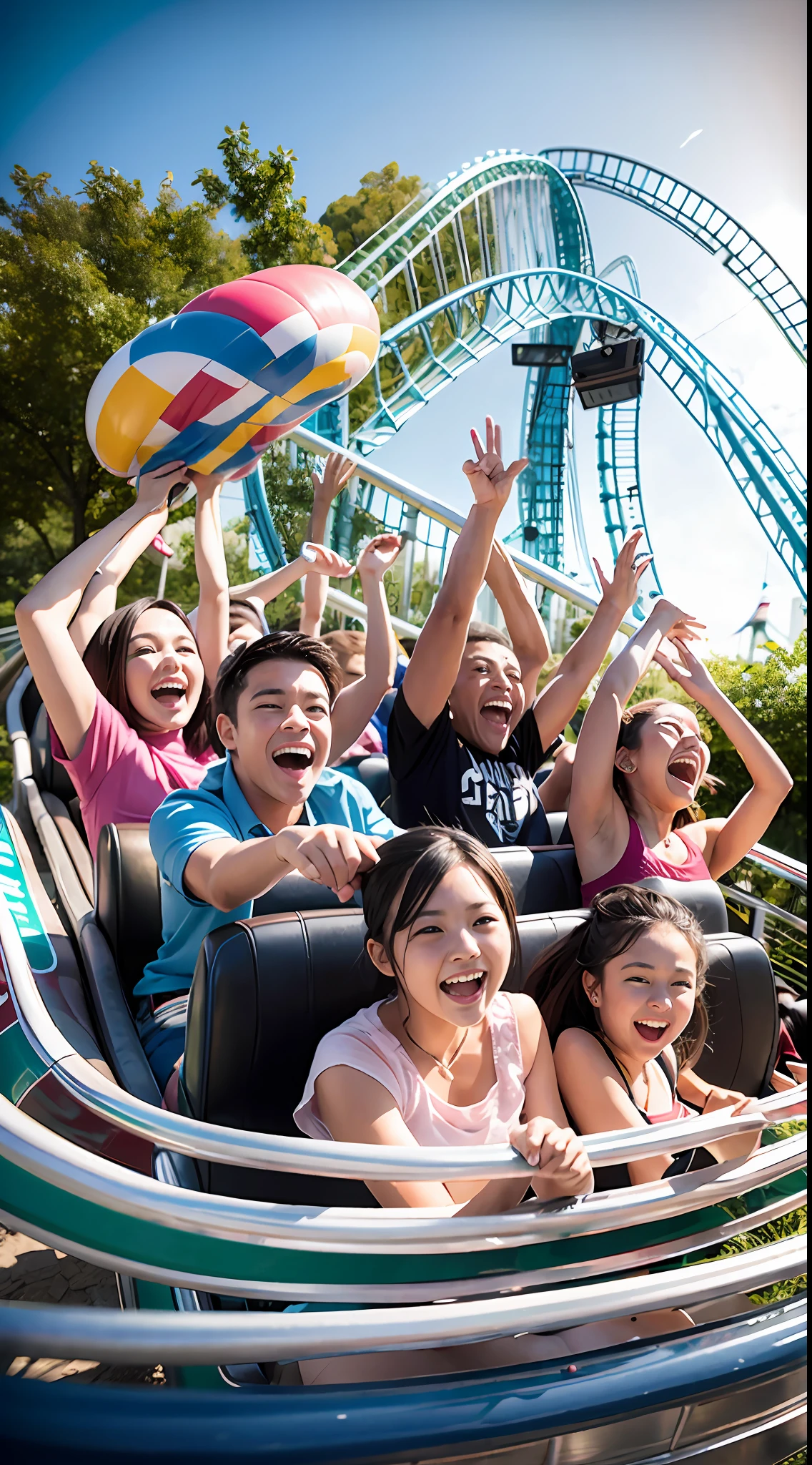 A dozen friends play roller coaster at a large amusement park