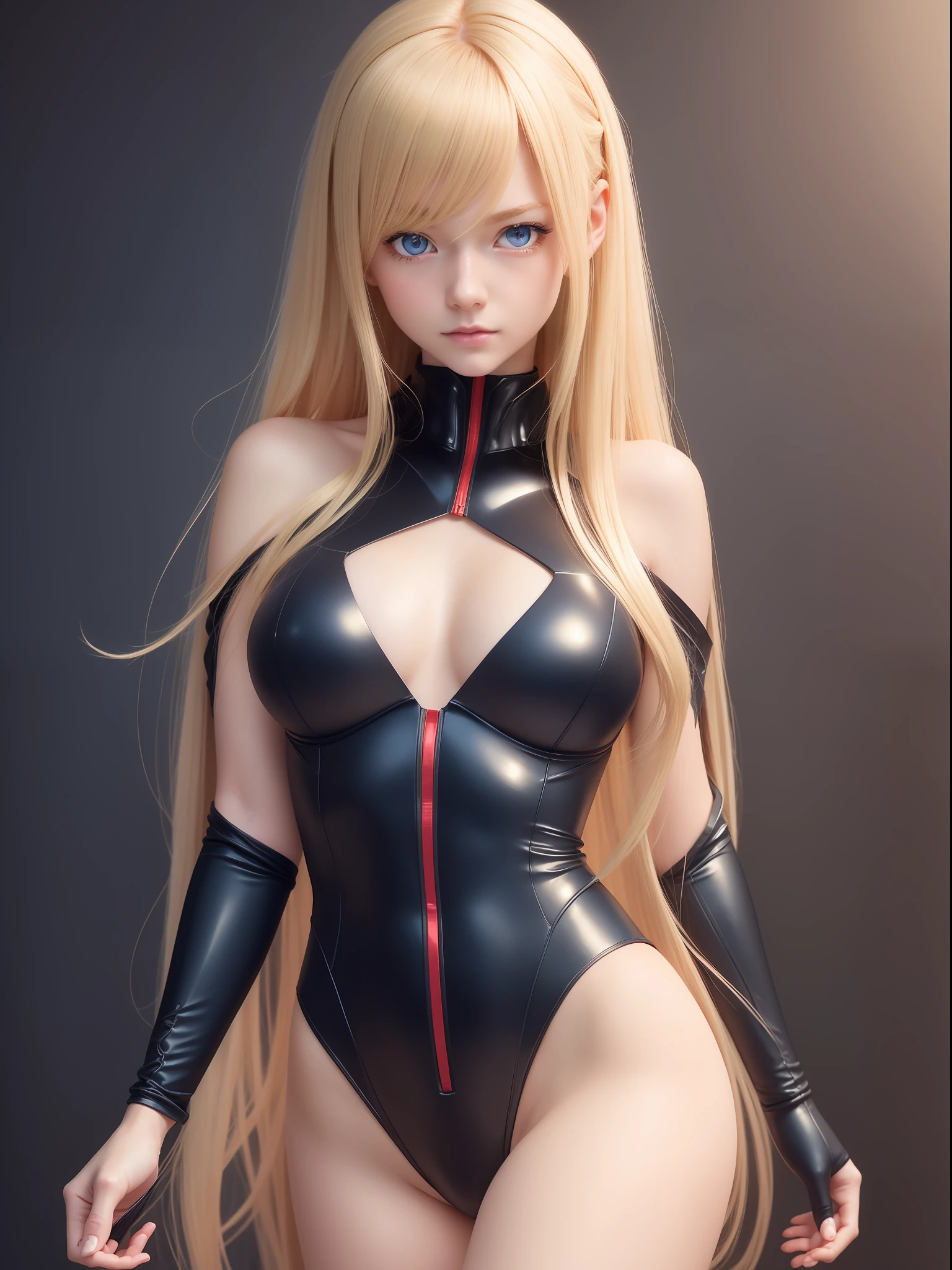 Realistic, Solo, 1girl, Perfect Detail Face, Detailed Blue Eyes, Very Detailed, Blushing, Hair Ornament, Chignon Mahogany Hair, (Blonde Hair), Plug Suit 02,Shikinami Asuka Langley, scantily clad, thin beautiful legs, young face, pretty eyes, black background, large breasts