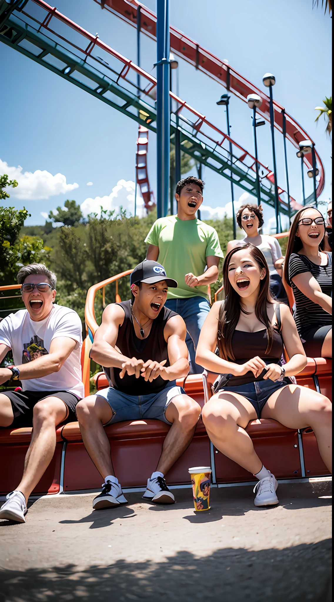 A dozen friends play roller coaster at a large amusement park