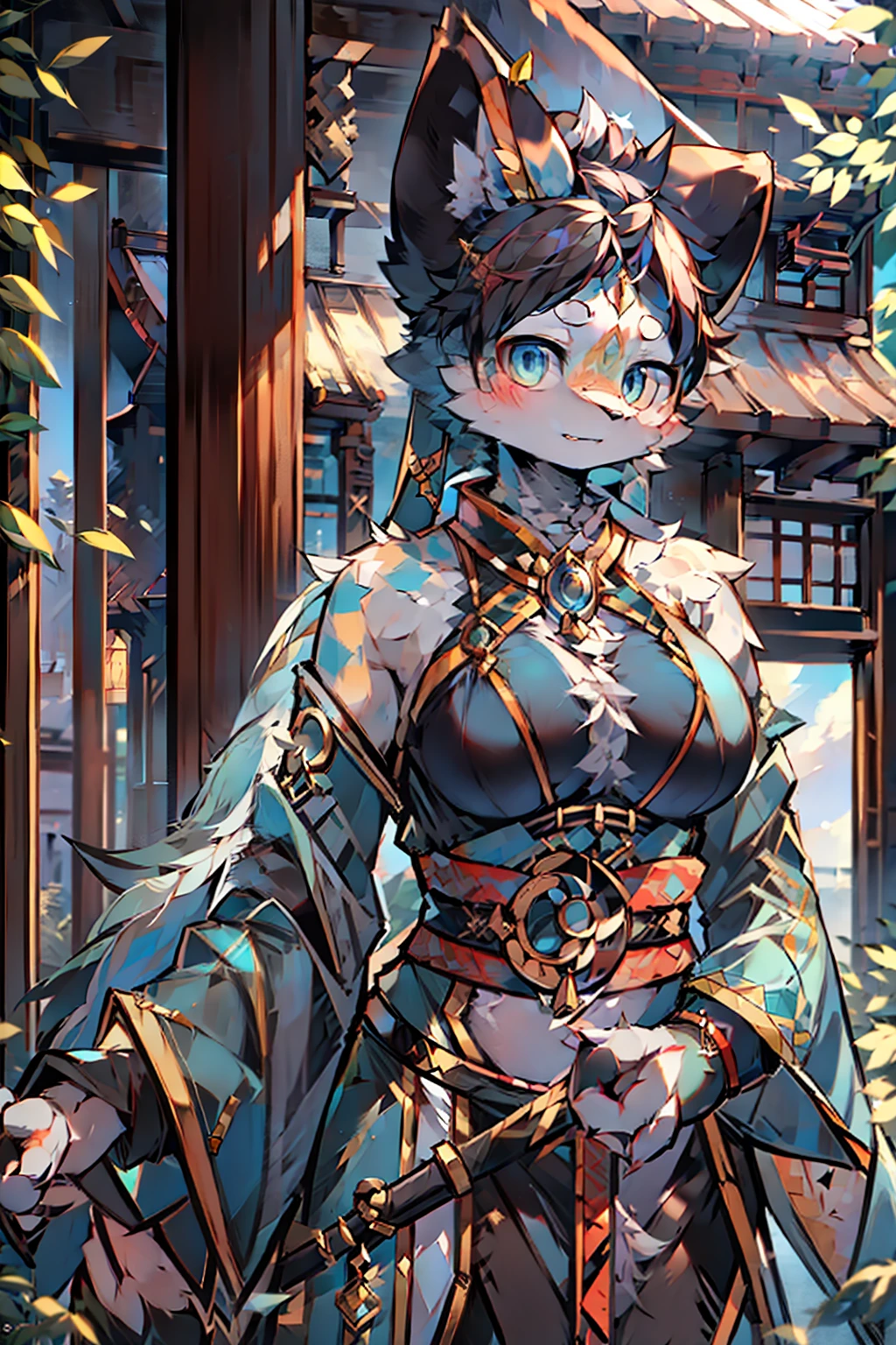 top-quality、​masterpiece、超A high resolution、(Photorealsitic:1.4)、xiuxian、arma、A detailed face、
1girl in,独奏,arma,cleavage of the breast,(magic circles:1.2),xiuxian,The upper part of the body,a beauty girl,full bodyesbian,East Asian Architecture,scabbard,architectural,