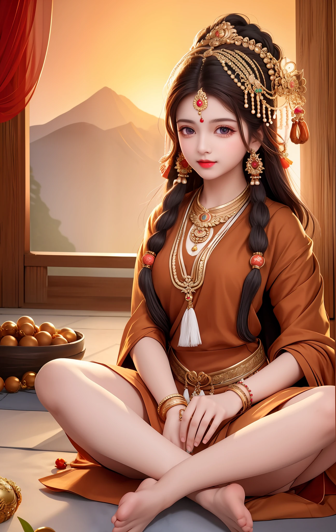 Best Quality, Masterpiece, High Resolution, indian 1girl, rudraksha mala wearing, Super Beautiful Face, Super Beautiful Eyes, Super Beautiful Hair, monk style