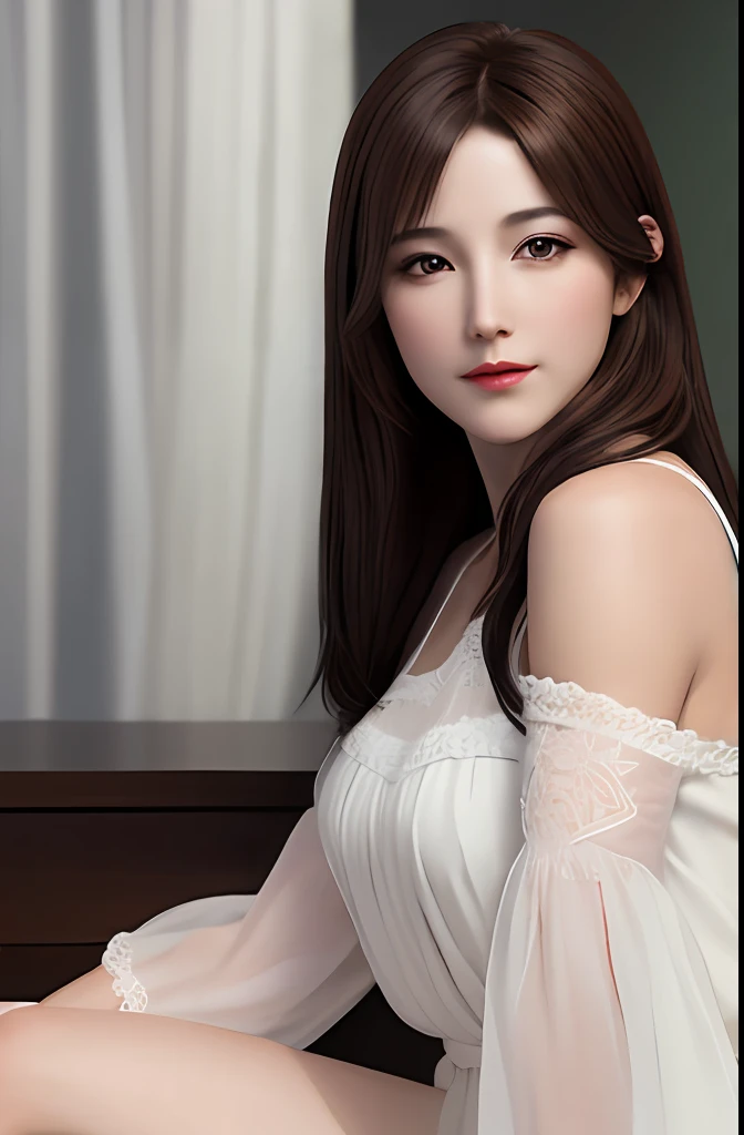 Very detailed eyes, very detailed face, very beautiful woman, best quality, super detailed (photorealistic), very delicate and beautiful legs, beautiful black eyes, absurdity, very detailed facial happy expression, professional illustration, shy, ff Tifa,brown hair,nfsw