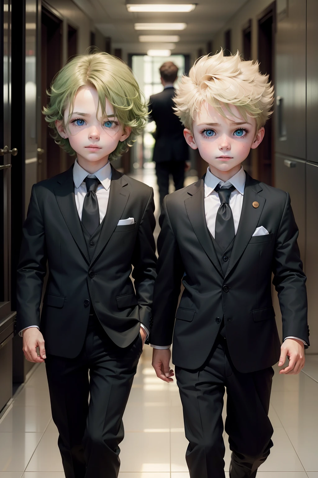, twins, hair light, Green eyes, business suit
