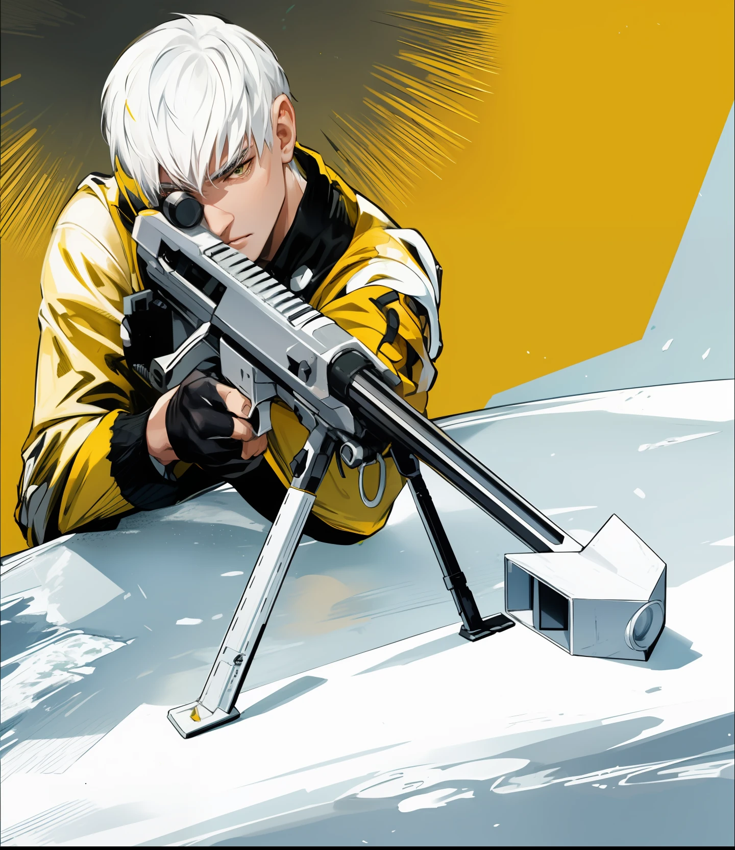 A white-haired sniper in a yellow jacket aims his rifle at a solid base.....