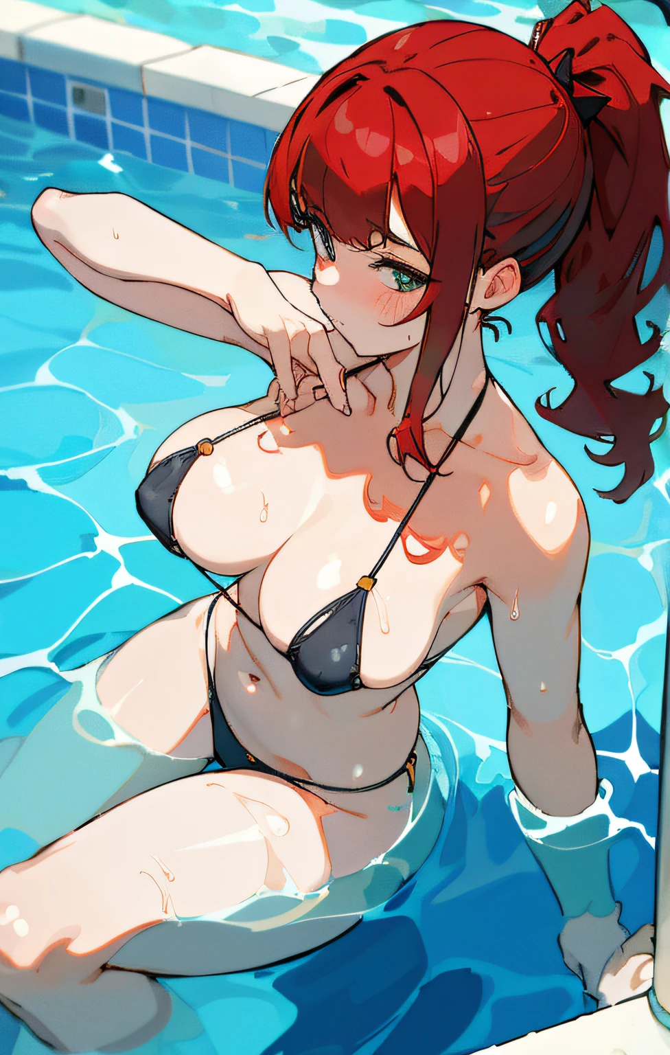 ZARA, swimming pools, Black Bikini, Red-haired, side poneyTail,  wetty, NSFW