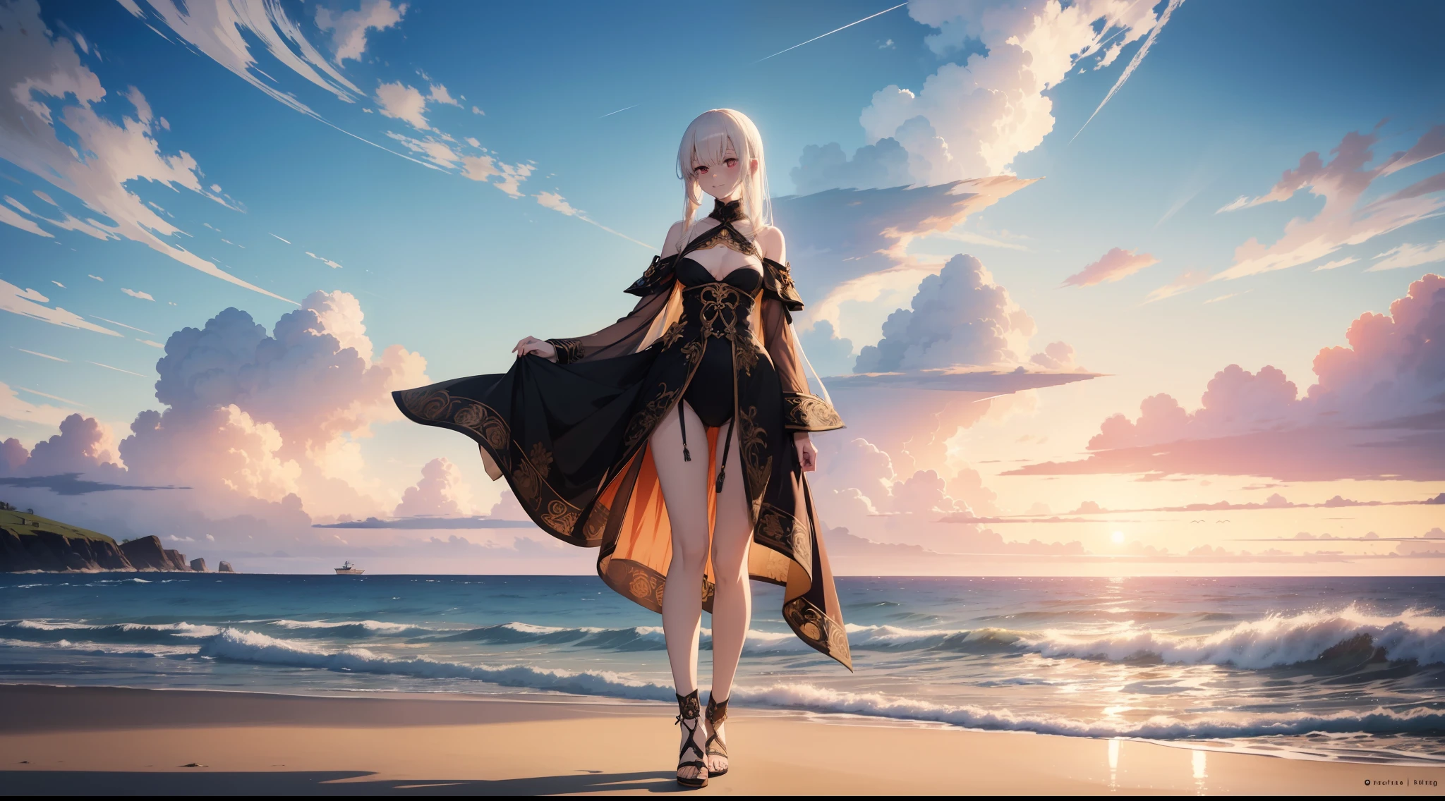 masutepiece, Faraway view, detailed illustration, of the highest quality, Exquisite, Anime style, Beautiful albino girl walking on sunset beach, 2guys, Full body, Gentle smile, depth of fields, pixiv, High-quality photos, 8K, Elaborate, unreal enginee 5, ornate, Ultra-detailed, Edge lighting, Highly detailed, Fine detail