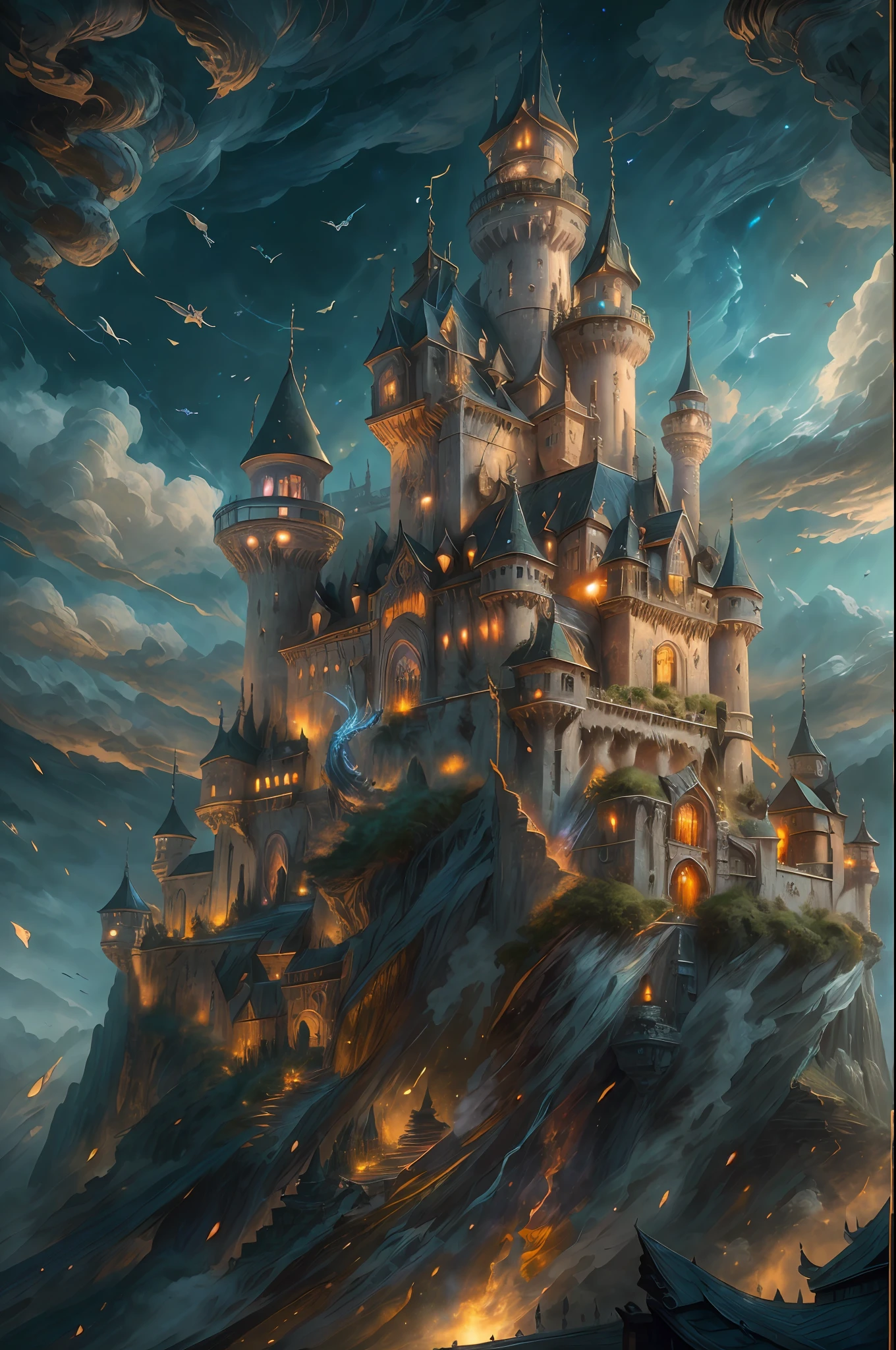 a full panoramic picture of a magical castle [[hovering]] (intense details, Masterpiece, best quality: 1.6) in the sky (intense details, Masterpiece, best quality: 1.5), [[in the sky]] hanging among the clouds (intense details, Masterpiece, best quality: 1.5) at night, flying castle in the sky (intense details, Masterpiece, best quality: 1.5), moon light, stars. many colors light from castle windows, dragons  (intense details, Masterpiece, best quality: 1.5) flying around castle, atmosphere of enchantment and, atmosphere of magic (intense details, Masterpiece, best quality: 1.5), 8k, ultra detailed, masterpiece, best quality, (extremely detailed)