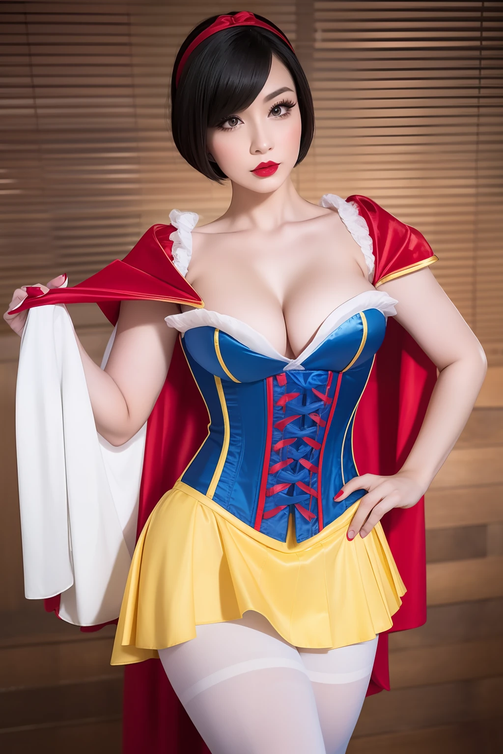 Beautiful chinese woman, snow white cosplay, blue corset, yellow pleated skirt, red and white slashed shoulder sleeves, black bob hair, red headband, red cape, silk, satin, photorealistic, masterpiece, best quality, beautifully detailed face, detailed skin, white leggings, sexy,  35 years old