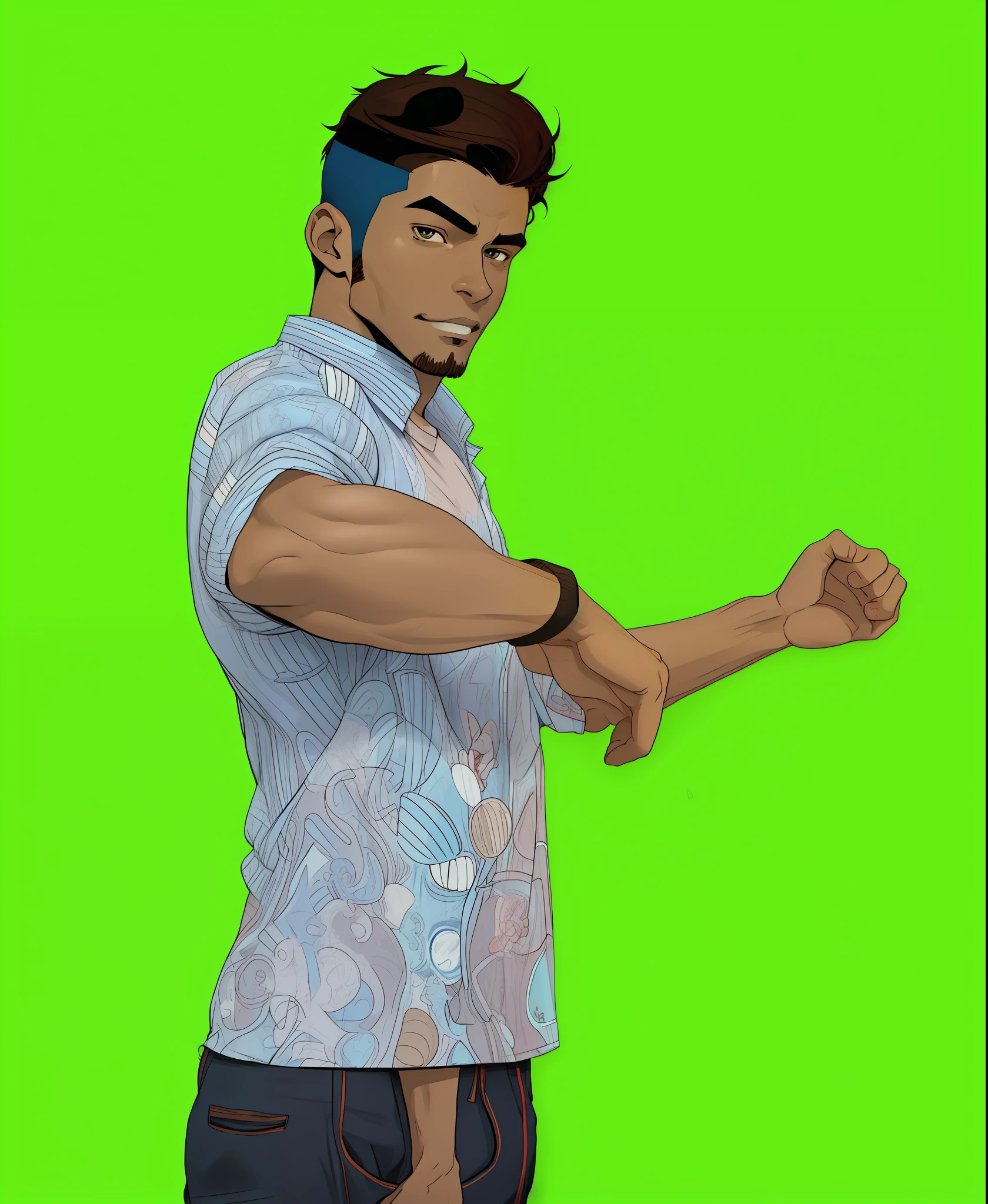 turn this man to cartoon style, brown skin, blue color shirt,handsome man
