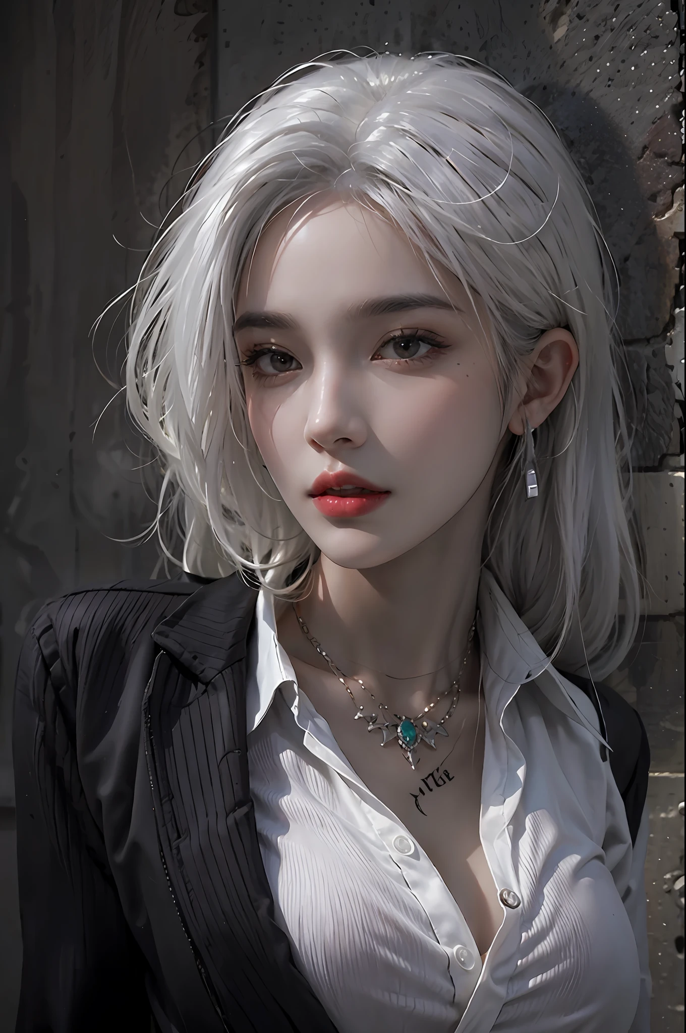 photorealistic, high resolution, 1women, solo, hips up, look at viewer, (detailed face), white hair, long hair, black suit, mafia, tattoo, jewelry