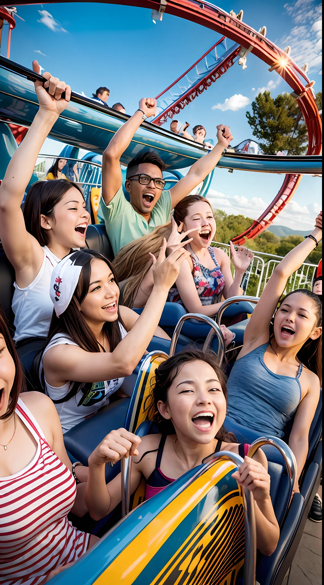 A dozen friends play roller coaster at a large amusement park