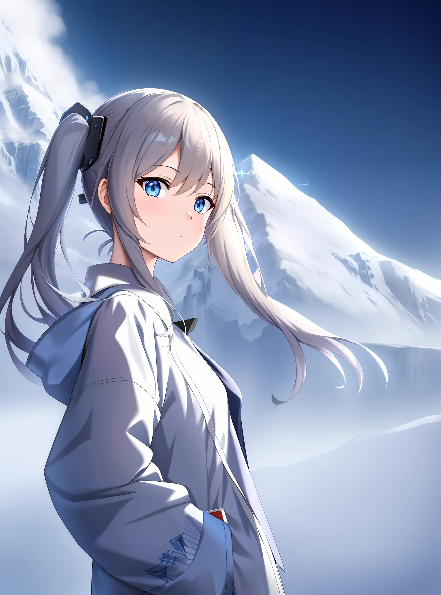 Anime girl with long hair and blue eyes standing in front of the mountain,  anime visual of a cute girl, A scene from the , girls frontline universe, girls frontline style, Smooth anime CG art, Fine details. Girl Front, Girl Front, Kantai collection style, 4K anime wallpaper, visual novels CG, anime moe art style, 4k manga wallpapers
