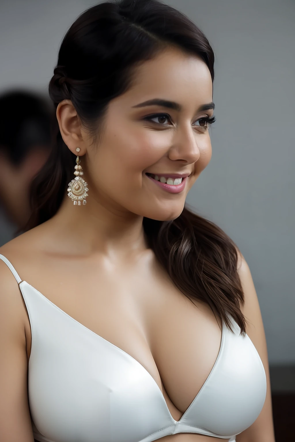 Nsfw, day scene, angle from below, close up photo of naked (Rashi Khanna:0.1), Hollywood lips, unbuttoned open business shirt, white bra, navel, perfect breasts, seducing in a office, hourglass figure, armpits, (blue eyes:1), french braid hair, necklace, 30 yo, look at viewer and smile, (cinematic:1.3), intricate details, (ArtStation:1.2)