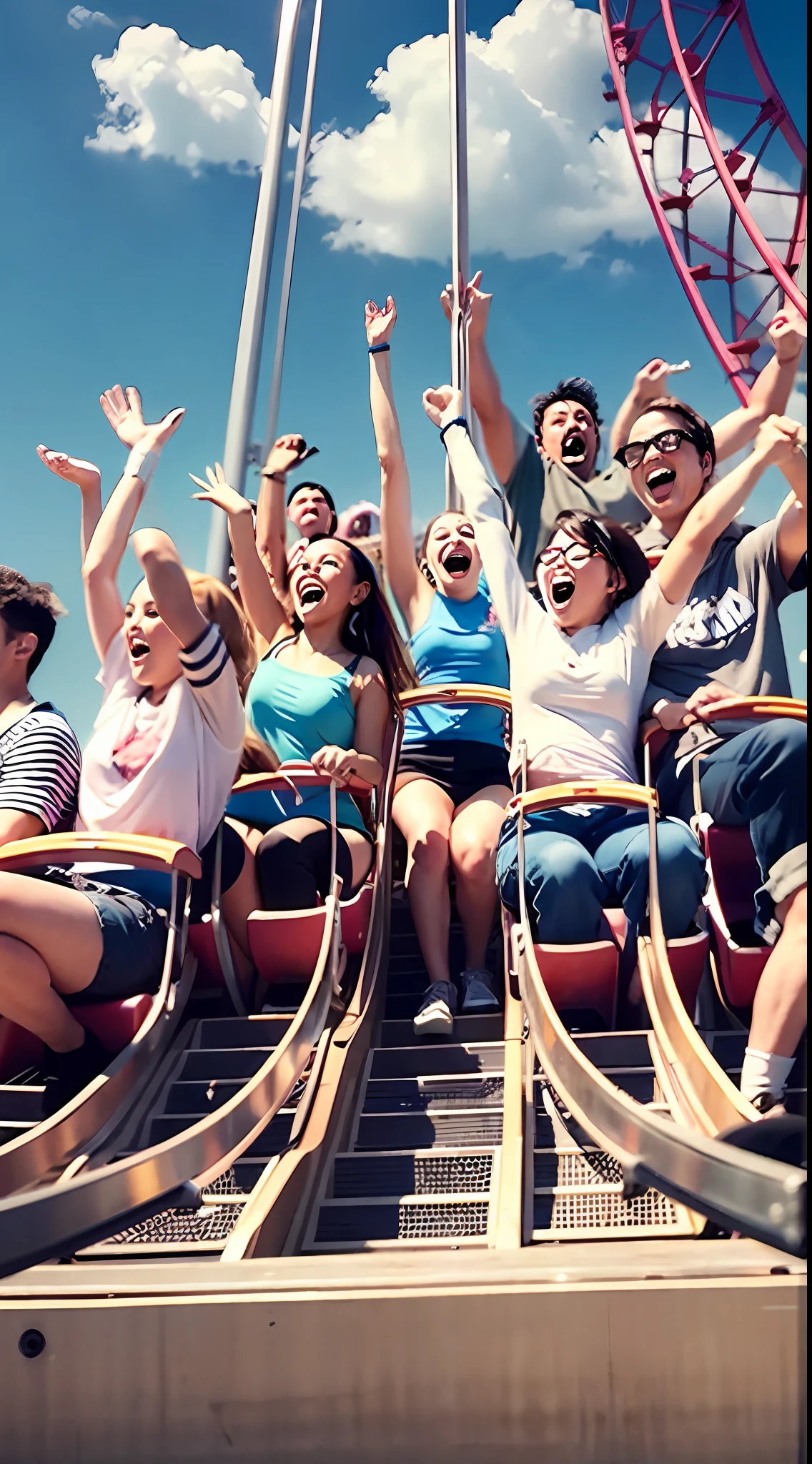A dozen friends play roller coaster at a large amusement park