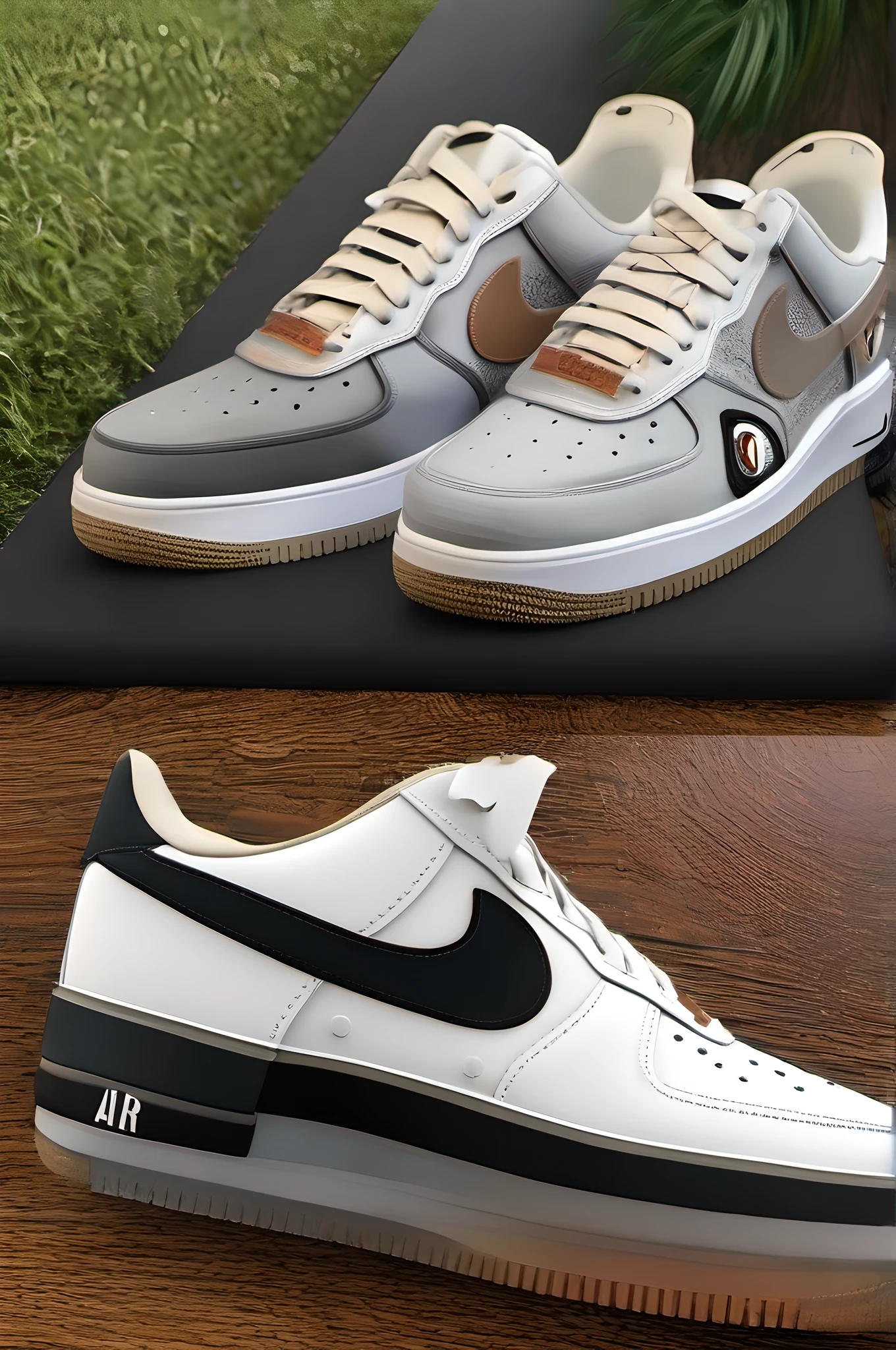 Nike Air Force One low-gang,white colors,NIKE air force1 low,Low preservation and chromaticity,Black and white,Black gray,Black-brown,Product display diagram,DIY,Popular in 2023,Creative laces,SMD process,collage,Multi-material fusion of parts,hyperdetailed illustration,Pop elements,Color scheme,Detail illustration,Luxury elements,White background image,INS wind,stylised