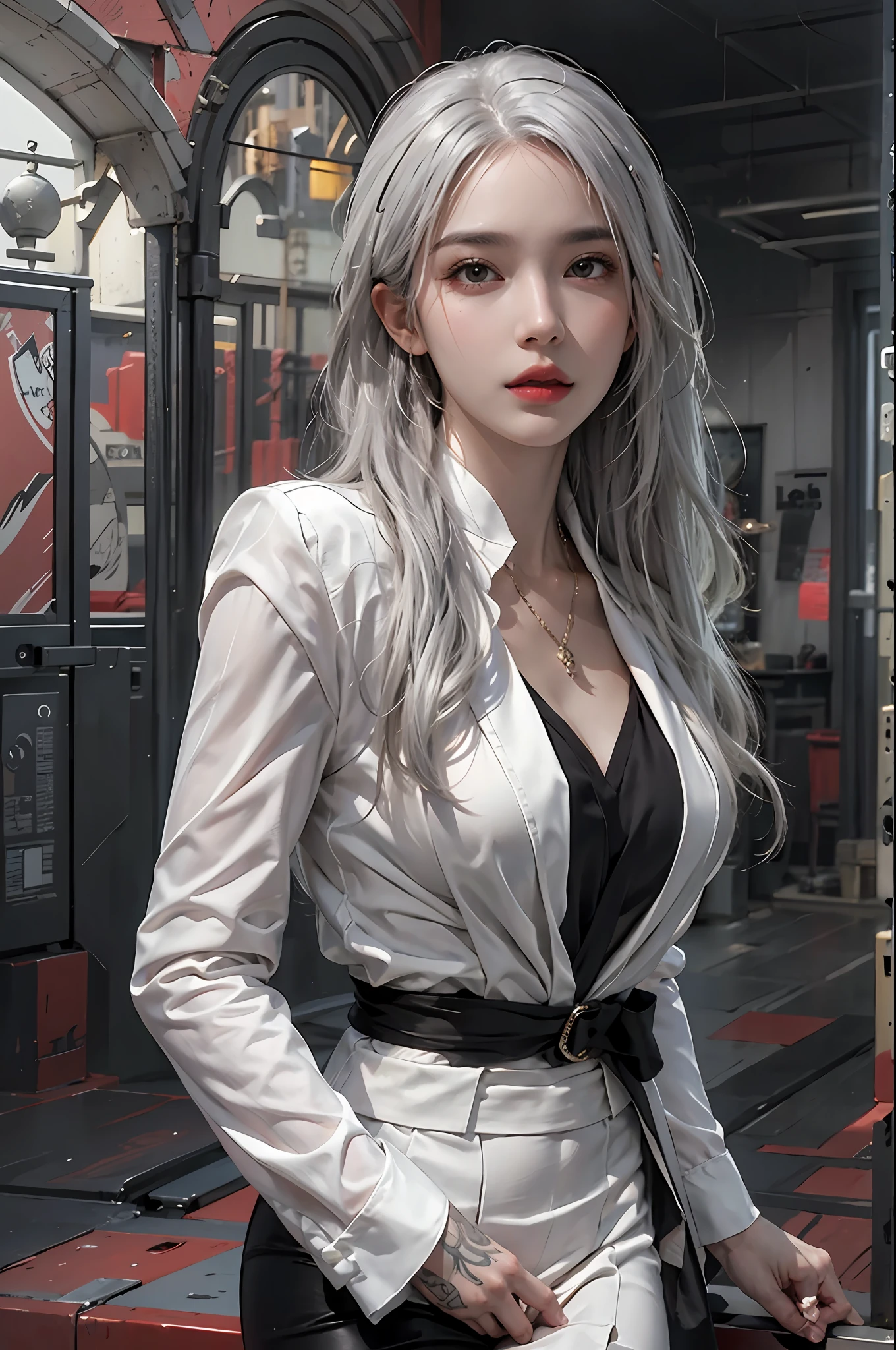 photorealistic, high resolution, 1women, solo, hips up, look at viewer, (detailed face), white hair, long hair, black suit, mafia, tattoo, jewelry