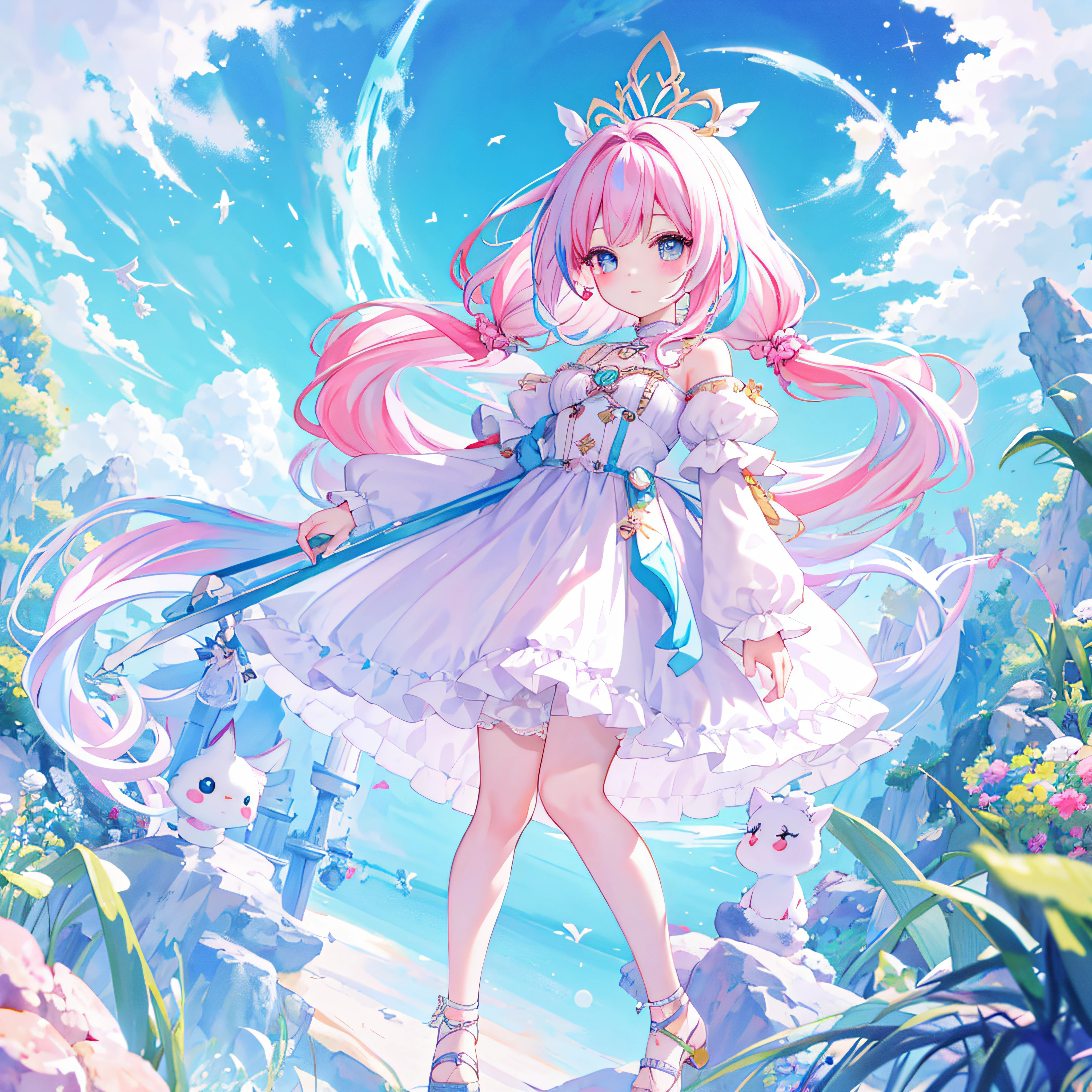((a sticker:1.5))), ((Chibi Character)), (white backgrounid), fluffly, girl with, Sorcerer's costume, full body Esbian, Pastel Hair, Pastel colors hair, fairytale, T-shirt design, tmasterpiece, best qualtiy,Shining eyes
