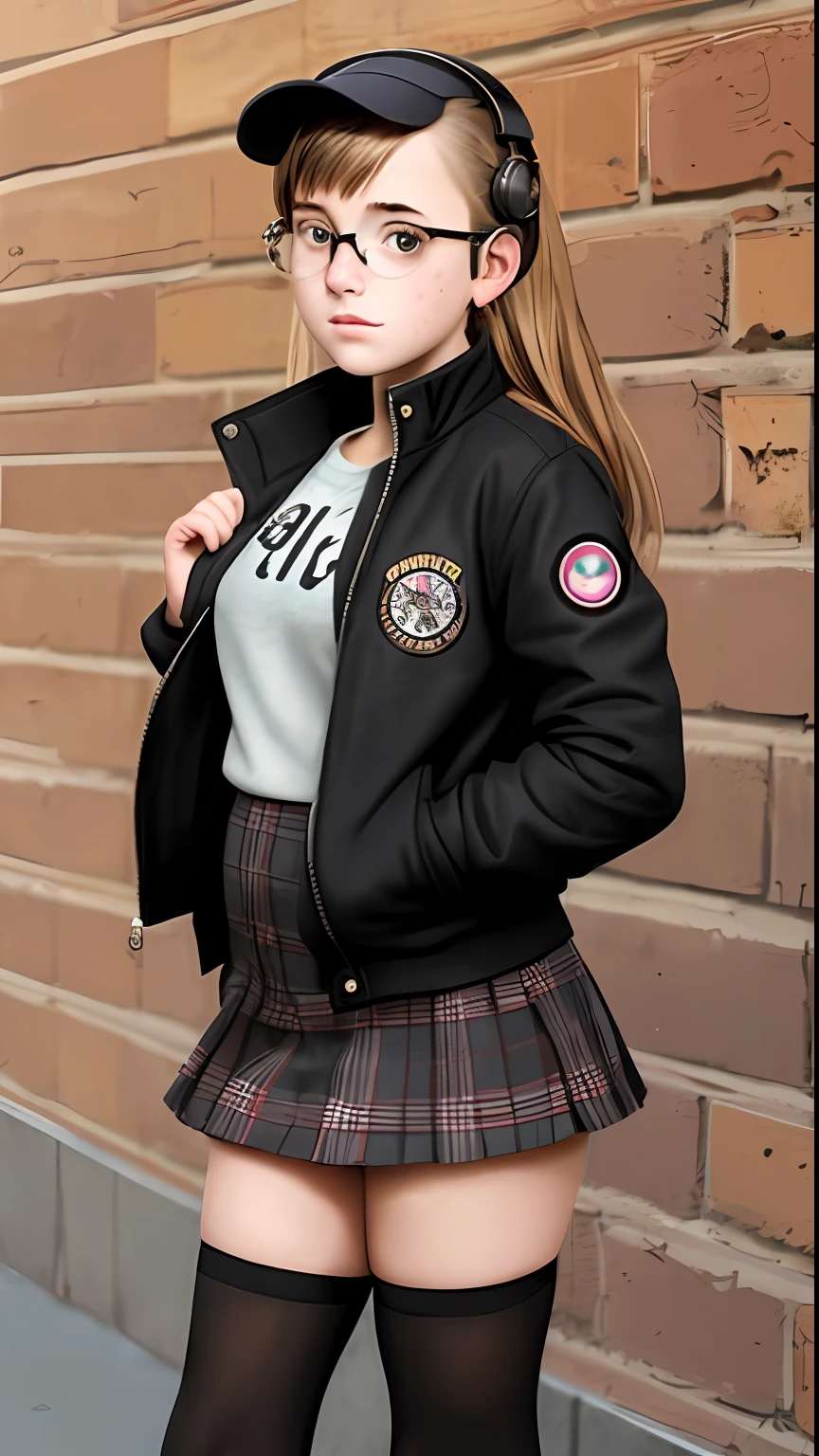 A cute teenage girl with freckles wearing a black jacket, circle glasses, headphones, a flannel skirt, and knee-high socks.