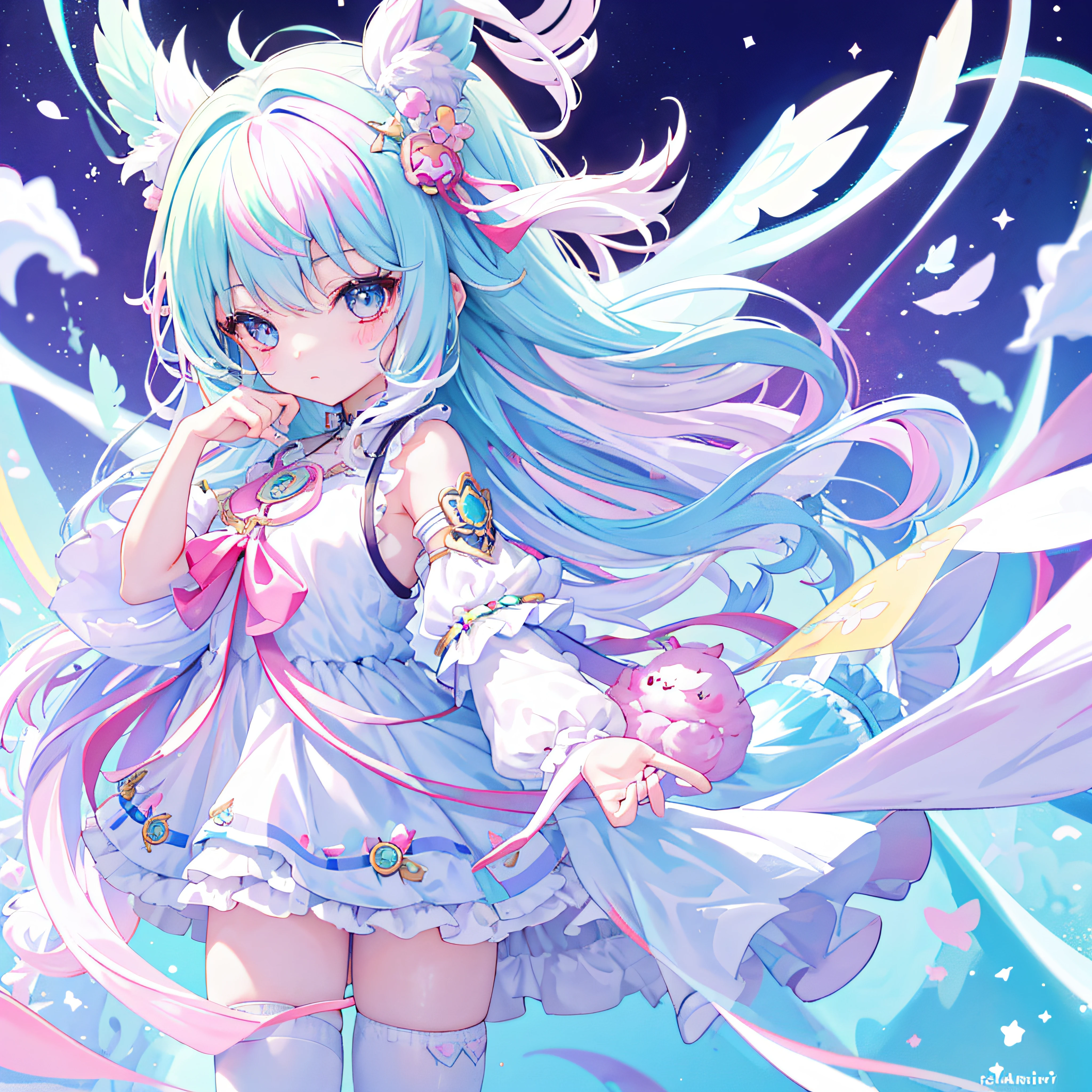 ((a sticker:1.5))), ((Chibi Character)), (white backgrounid), fluffly, girl with, Sorcerer's costume, full body Esbian, Pastel Hair, Pastel colors hair, fairytale, T-shirt design, tmasterpiece, best qualtiy,Shining eyes