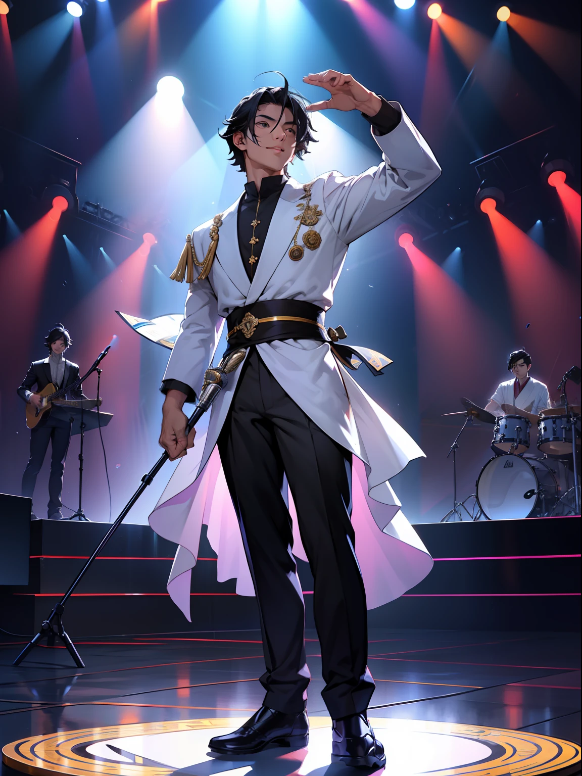 of a guy，Douluo Continent costume，Black hair，Mighty，standing on your feet，rays of sunshine，Microphone in hand，