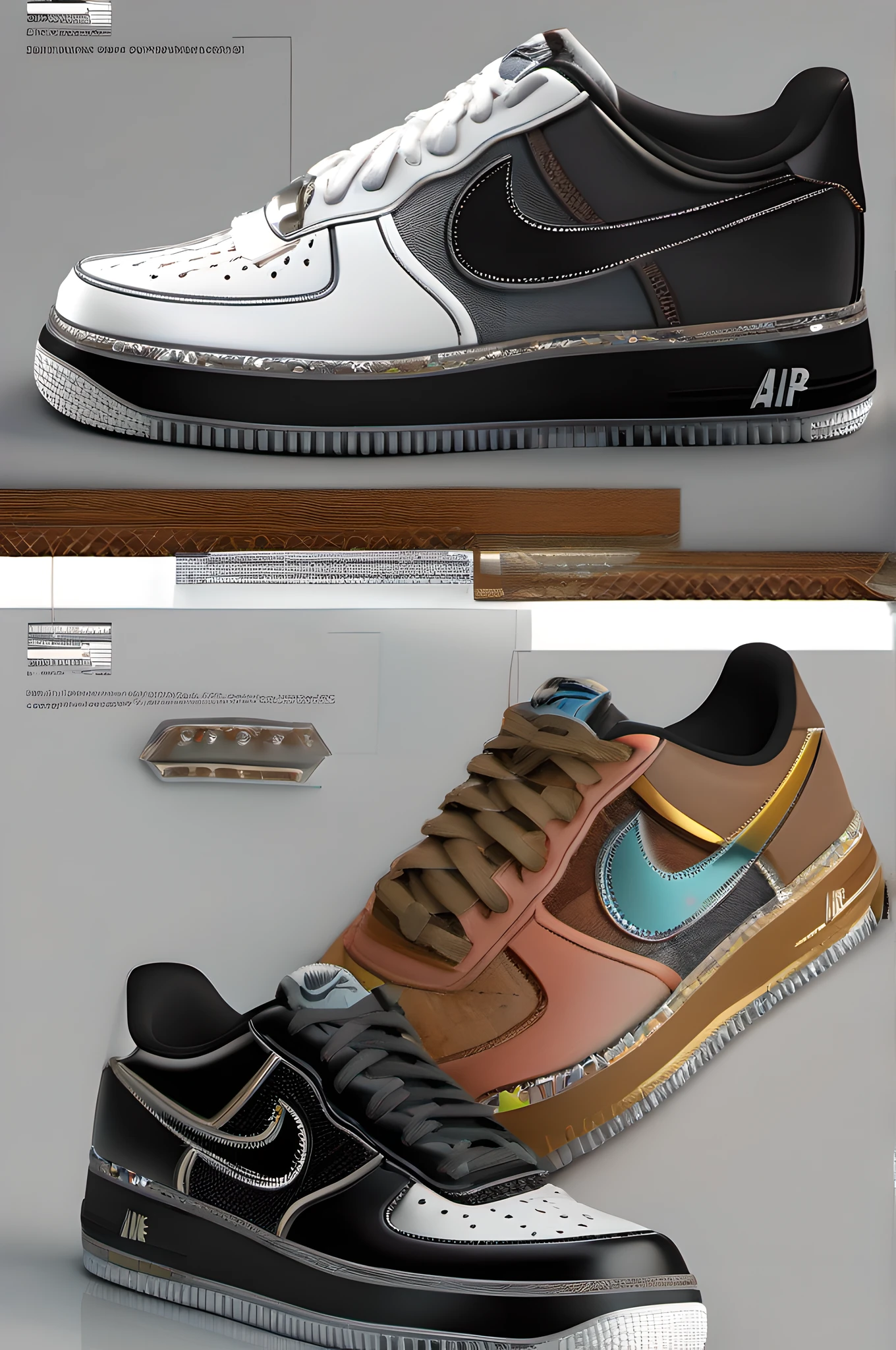Nike Air Force One low-gang,white colors,NIKE air force1 low,Low preservation and chromaticity,American baseball team,Yankees,Black and white,Black gray,Black-brown,Product display diagram,DIY,Creative laces,collage,Multi-material fusion of parts,hyperdetailed illustration,Pop elements,Color scheme,Detail illustration,Luxury elements,INS wind,stylised