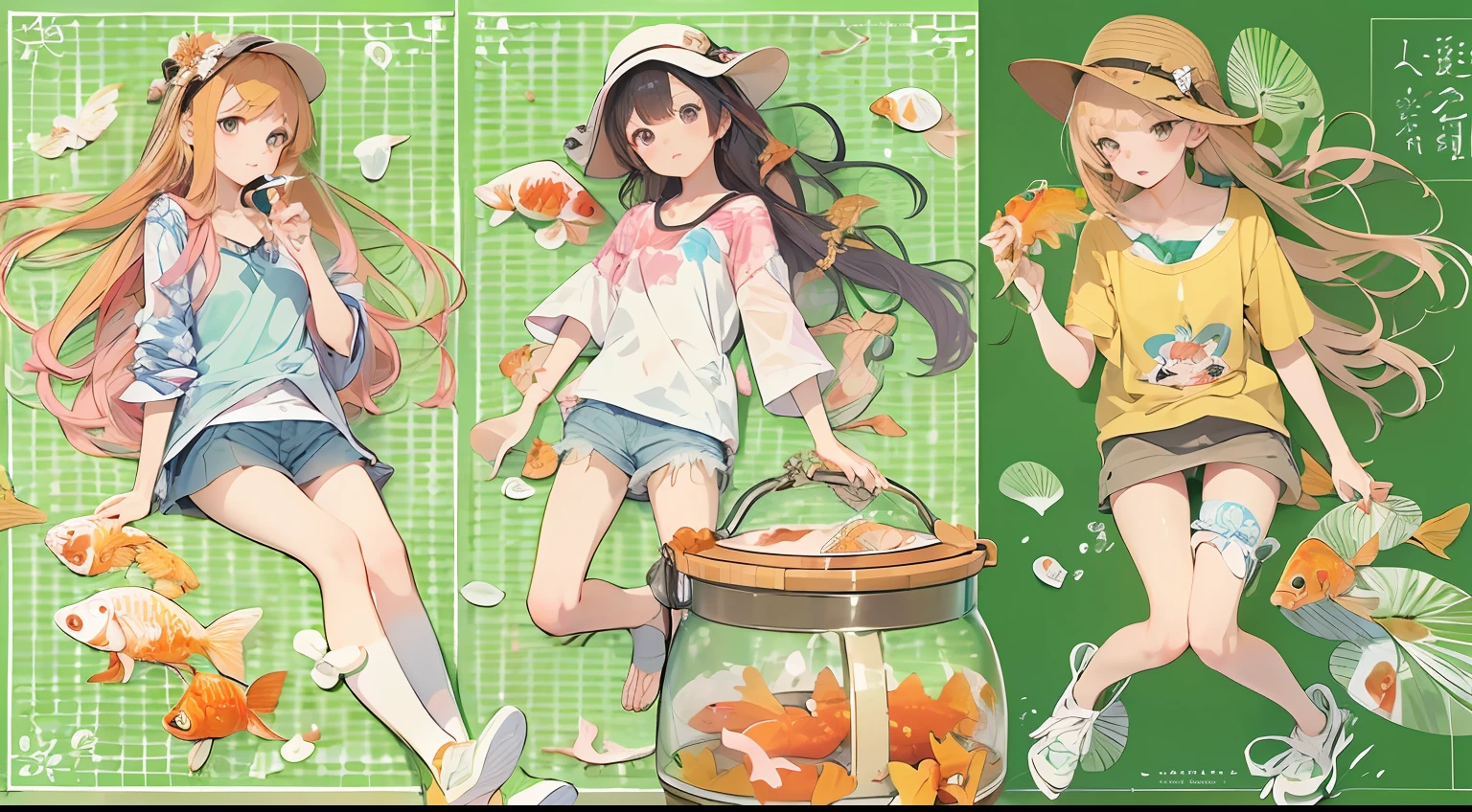(masutepiece:1.2),(Best Quality:1.1),(Ultra-detailed:1.1),(Realistic:1.2),(Colorful:1.2),(Young girls:1.3),(Japanese:1.1),(Clothing samples:1.1),(Girls playing with goldfish scoop:1.3),(Colorful contact lenses:1.2),(FULL BODYSHOT:1.2),(Summer:1.1)