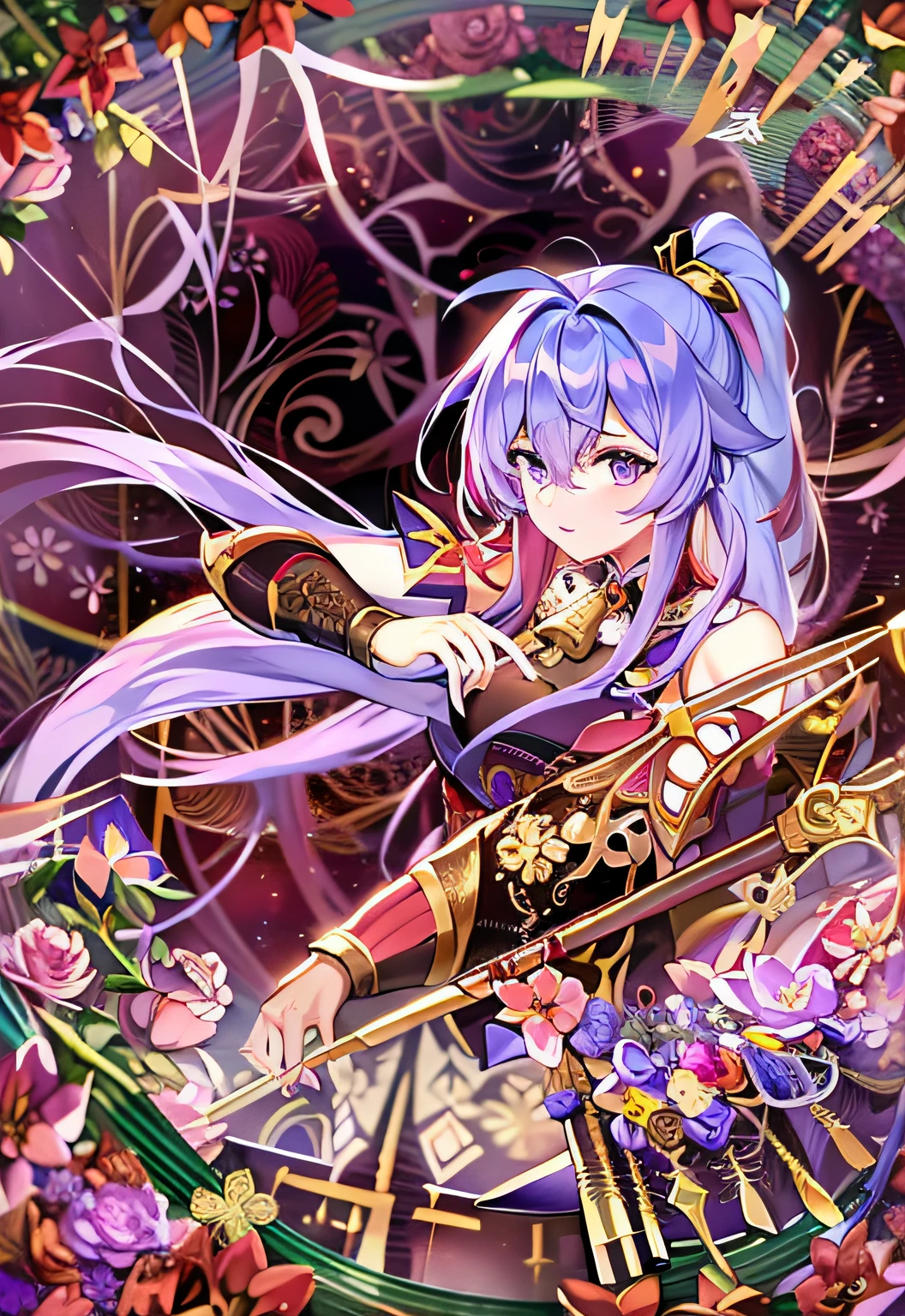 Anime girl with long purple hair flying in the air, Portrait Chevaliers du Zodiaque Fille, alluring elf princess knight, Anime fantasy artwork, Keqing from Genshin Impact, Anime goddess, Anime fantasy illustration, anime girl with a bow and arrow, beautiful fantasy anime, Ayaka Genshin impact, Armor Girl, epic anime fantasy, anime in fantasy style, Detailed key anime art