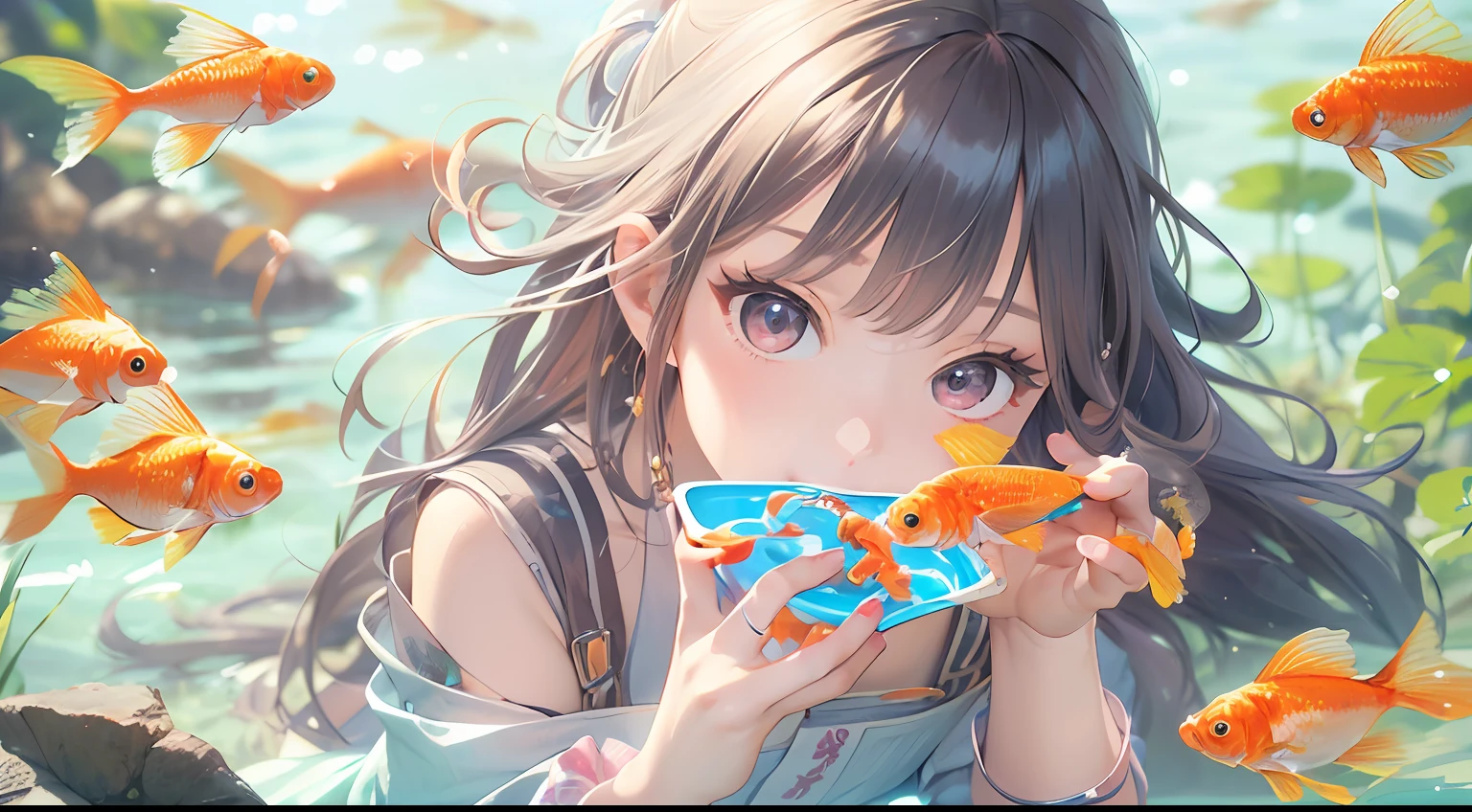(masutepiece:1.2),(Best Quality:1.1),(Ultra-detailed:1.1),(Realistic:1.2),(Colorful:1.2),(Young girls:1.3),(Japanese:1.1),(Clothing samples:1.1),(Girls playing with goldfish scoop:1.3),(Colorful contact lenses:1.2),(FULL BODYSHOT:1.2),(Summer:1.1)