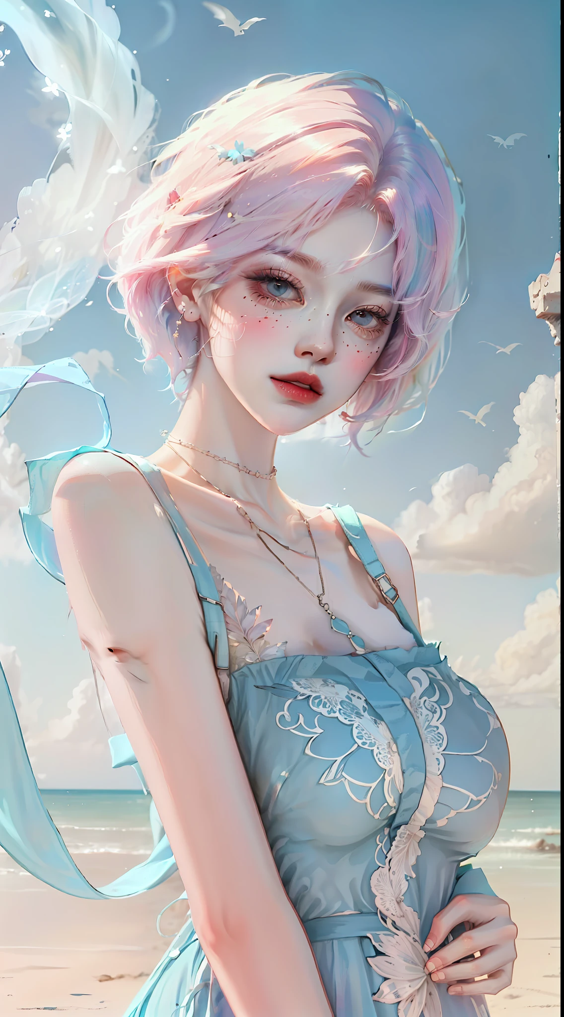 Short haired Cute anime girl with dead eyes standing in front of a blue sky, pastel colors, blue dress,