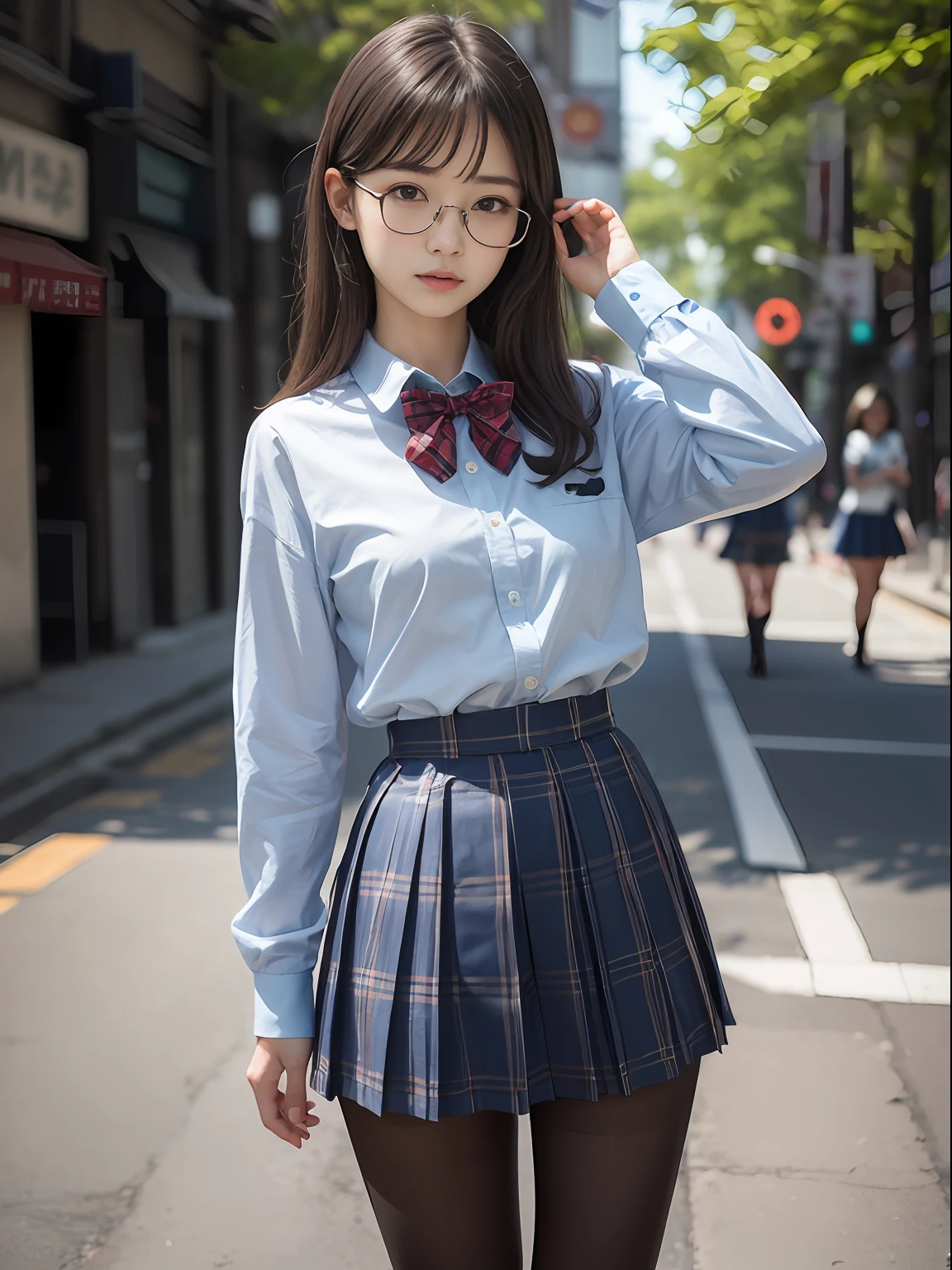 （8K、Raw photography、top-quality、​masterpiece：1.2),Bullish,Muchimuchi,Erotic,Pupils,Light Blue Bra,de pele branca,kne,(Black pantyhose),absurderes,a small face,small tits,flat breast,Parting the bangs from the middle、Forehead visible,(a cold expression,Tight eyes,glares,Bullish,skinny,Rasping,irate)、​masterpiece,top-quality、超A high resolution,Raw photo,ren,Beautiful fece,One Person, 独奏,eye glass,,Dark look,Small breasts,fullllbody,Round glasses、cute little、JK school uniform,hi-school girl,A Japanese Lady,is standing,（Photorealsitic：1.37）、Photon mapping,Realistic、Cute little face,Brown-eyed、Black socks、(Red bow tie)、Radio City、Physically Based Rendering、Foreground、depth of fields、Blurry background、a picture,The girls、Body,beauty legs, Long legs, Thin leg,Semi-long,(Bangs are visible), hair, s lips, Blue_The eye, nosesoft,(Light blue shirt), (Navy and blue and white plaid pleated skirt), Knees are visible,Sheer clothing,, Thigh, Black cotton socks,Nogizaka Idol, 女優, Japanese ido