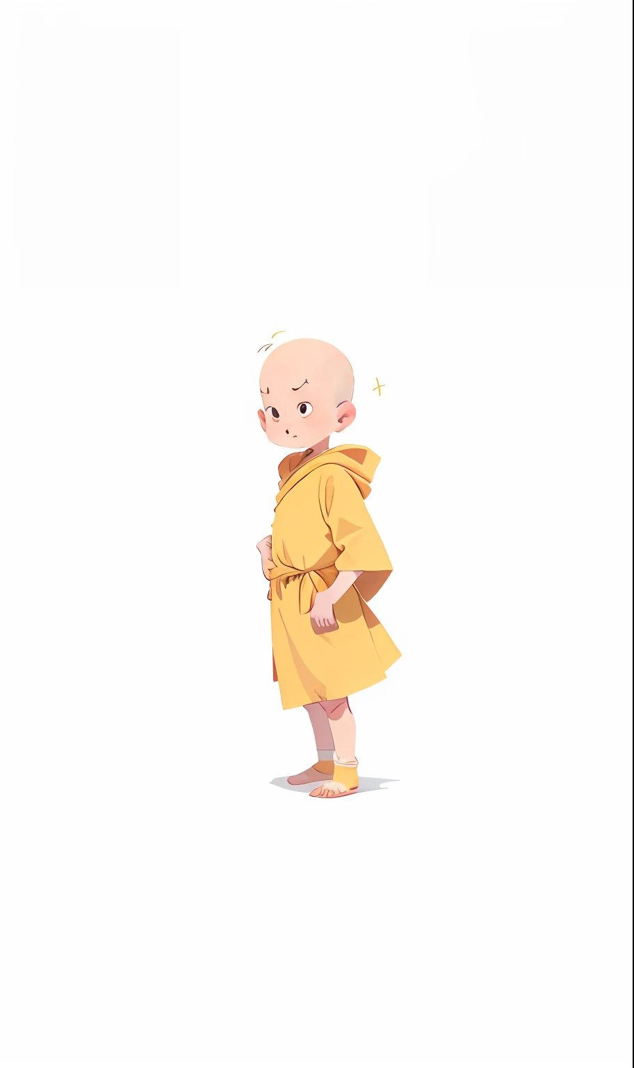 A small monk,bald-headed,children's,Wearing a yellow robe to a robe,Monks,Put your arms behind your back,Side towards the camera,Cartoon Q version