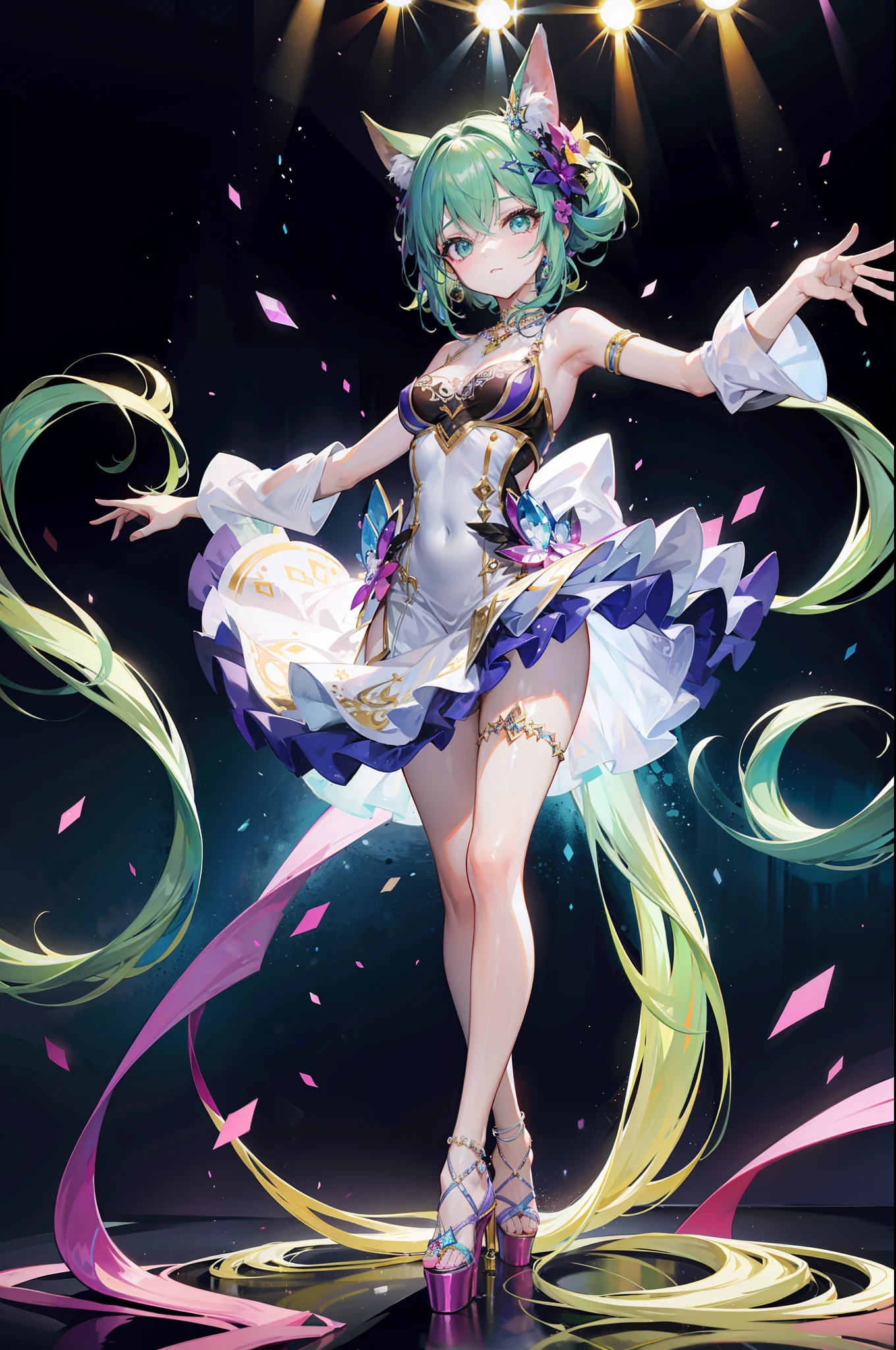 Una imagen de cuerpo completo. En una discoteca con muchas luces de colores, A beautiful young woman is dancing in a very cheerful and energetic way on a stage... Ella lleva el pelo muy largo y ondulado, Ella lleva un vestido corto y ajustado de color verde claro, high heel shoes. She wears several very long rhinestone necklaces of youthful design.