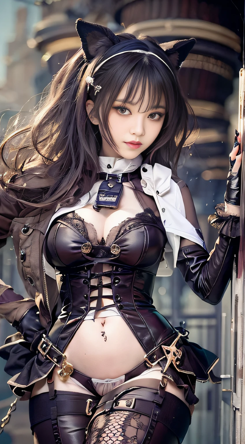 Woman in black catsuit posing in steampunk world, Leather corset, Wearing a black latex costume, captivating and enticing, corsets, wrapped in leather straps, very tight corset, very sexy costume, cruel korean goth girl, elegant corset, Wearing a latex costume, intricate wet latex suspenders, Latex, intricate latex set, Corset wearing, Sexy 21 year old cool Korean, Beautiful steampunk anime lady, a steampunk beautiful goddess, Jeizuo, magnifica, viewer, Realistis, Full body camera, on the lap, squatt, radical, tall, Forced real water, White Less Cloth Transparent Mini Shirt, White transparent thong, Low in the steampunk world, Very fine, Beautiful eyes with cosplay details, long eyelashes, Beautiful double eyelids, Eyeshadow is very fine, Narrow eyes, Three white eyes, Dark Eye Makeup, evil smile, Beautiful, thin legs, Tie short hair back, Goofy face, Rolling eyes, Blushing, Mouth watering, Sticky tongue, Vaginal orchid, Vaginal discharge, Squirting, (((Very small breasts))), Grasp your breasts with both hands, Spread legs, sexual excitement, Sex Expressions, Bare skin