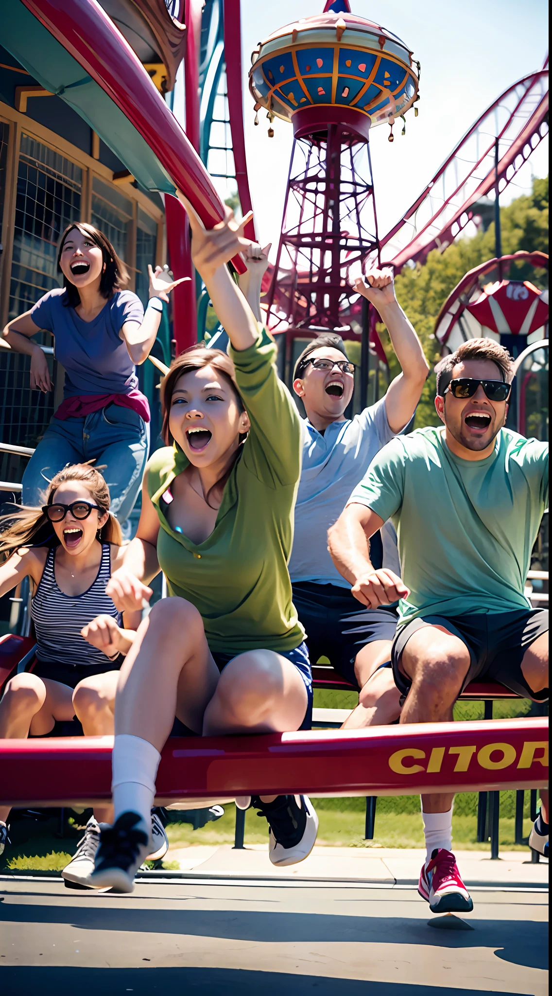A dozen friends play roller coaster at a large amusement park