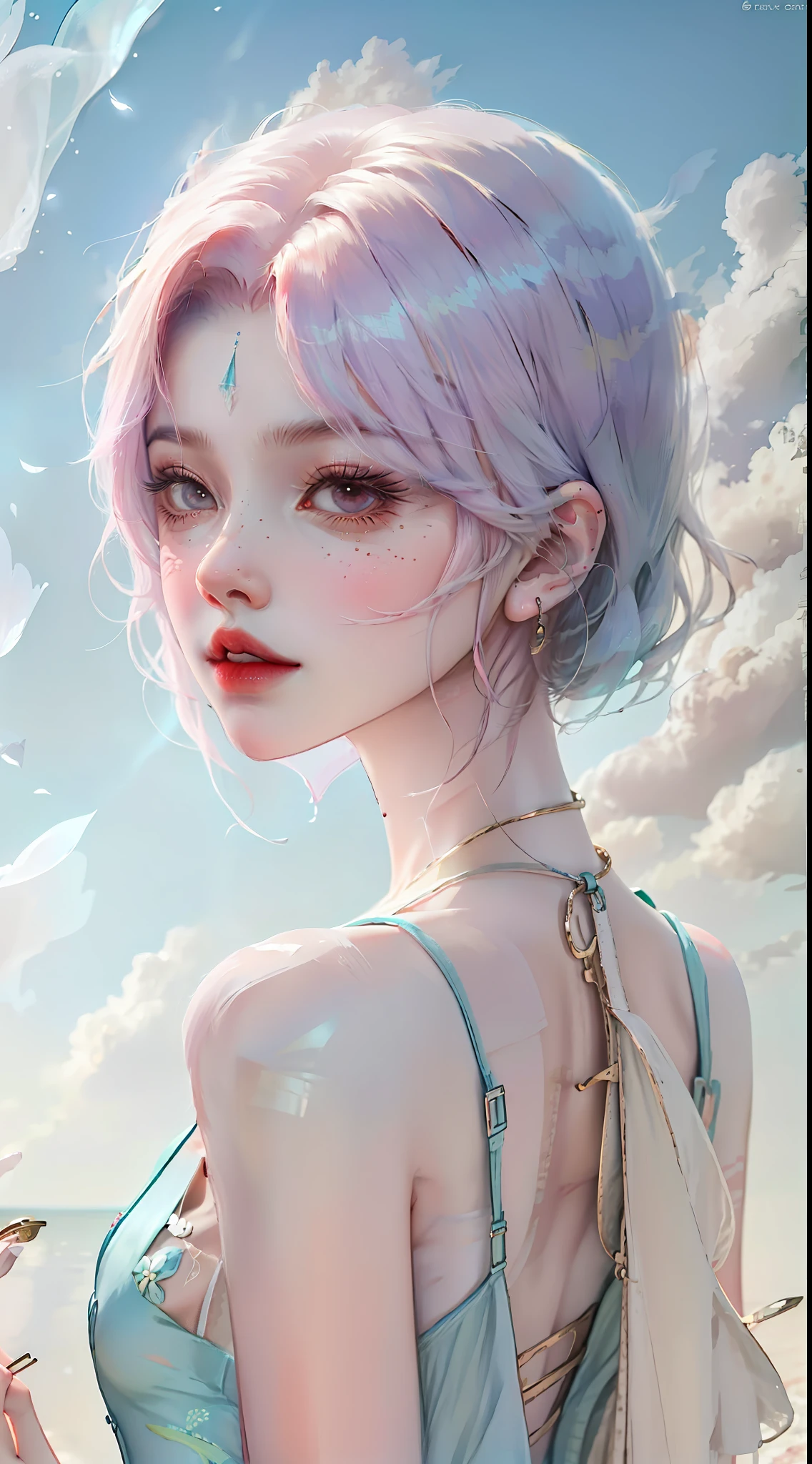 Short haired Cute anime girl with dead eyes standing in front of a blue sky, pastel colors, blue dress,