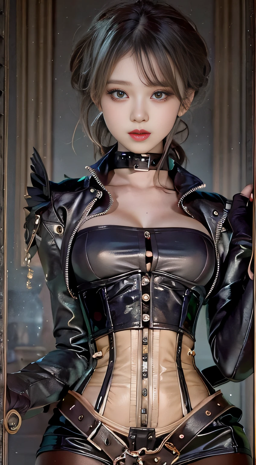 Woman in black catsuit posing in steampunk world, Leather corset, Wearing a black latex costume, captivating and enticing, corsets, wrapped in leather straps, very tight corset, very sexy costume, cruel korean goth girl, elegant corset, Wearing a latex costume, intricate wet latex suspenders, Latex, intricate latex set, Corset wearing, Sexy 21 year old cool Korean, Beautiful steampunk anime lady, a steampunk beautiful goddess, Jeizuo, magnifica, viewer, Realistis, Full body camera, on the lap, squatt, radical, tall, Forced real water, White Less Cloth Transparent Mini Shirt, White transparent thong, Low in the steampunk world, Very fine, Beautiful eyes with cosplay details, long eyelashes, Beautiful double eyelids, Eyeshadow is very fine, Narrow eyes, Three white eyes, Dark Eye Makeup, evil smile, Beautiful, thin legs, Tie short hair back, Goofy face, Rolling eyes, Blushing, Mouth watering, Sticky tongue, Vaginal orchid, Vaginal discharge, Squirting, (((Very small breasts))), Grasp your breasts with both hands, Spread legs, sexual excitement, Sex Expressions, Bare skin