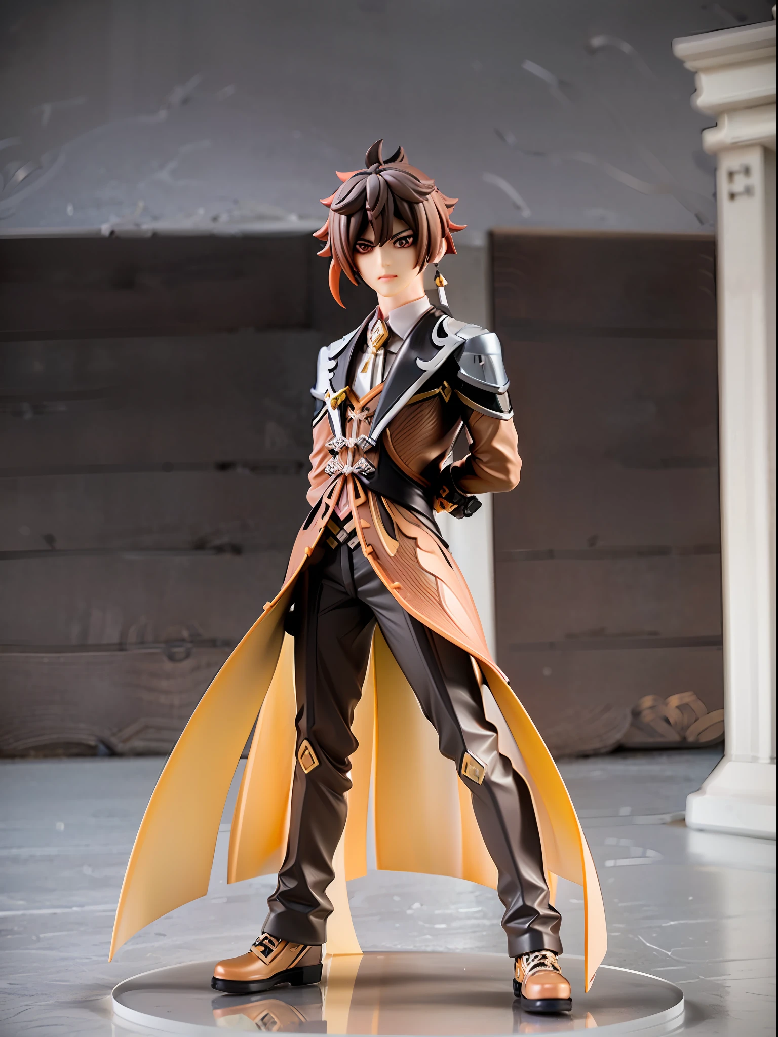 (Blind box toy style:1.3), (Full body shot) ,(1 masterpiece), Best quality, ((anatomy correct,1 boy solo)),(((zhongli:1.2)))((genshin impact)), Brown hair, single earring, mitts, Black gloves, jewelry, Tassel earrings, pony tails, hair between eye, Jacket, Long sleeves,, shirt, tiese, Collared shirt, formal, suit, Closed mouth, dreamy glow, Clean, Clean background(circular base:1.3) ( Global illumination, Ray traching, hdr, unreal render,reasonable design, high detal, Masterpiece, Best quality, hyper HD, Cinematic lighting)