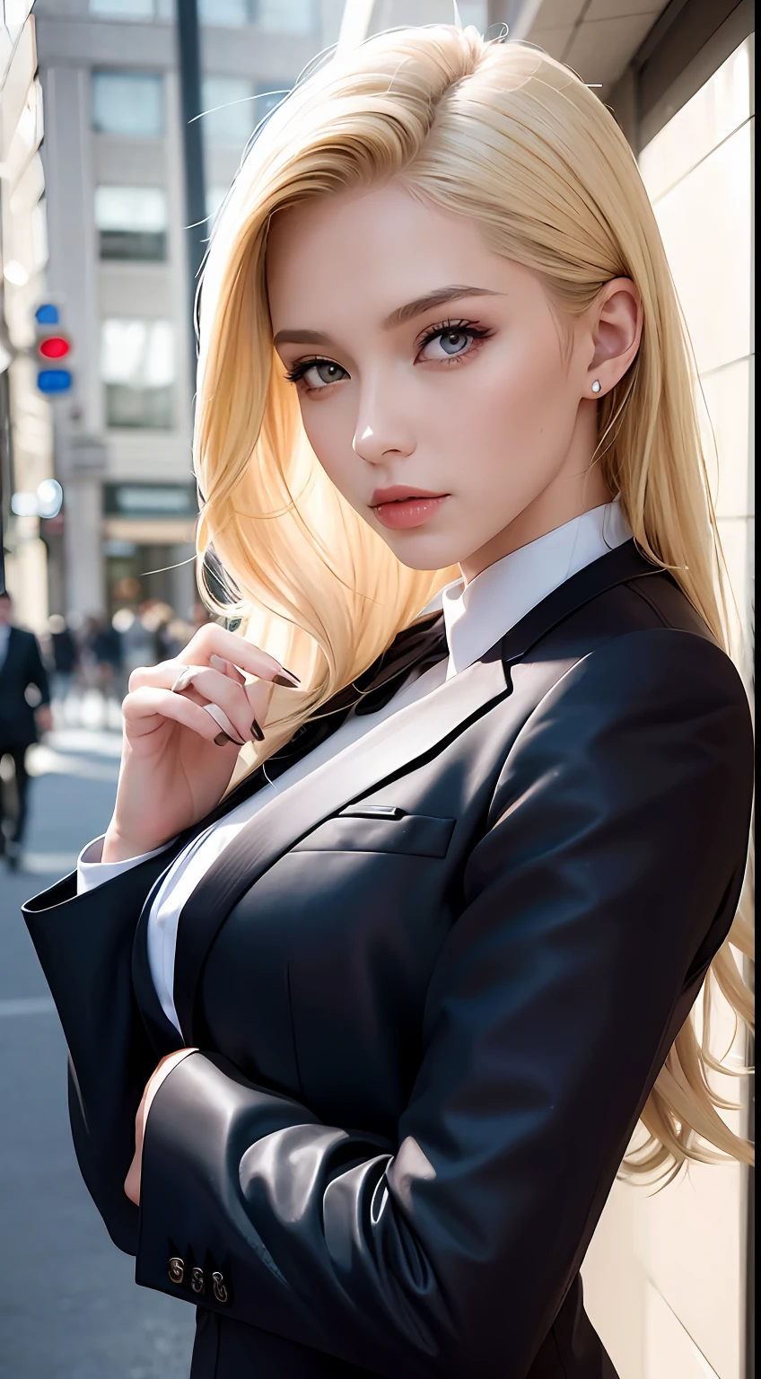woman, A fashion model, Wear a suit, Glamour, paparazzi taking pictures of her, Blonde hair, Brown eyes, 8K, High quality, Masterpiece, Best quality, HD, Extremely detailed, voluminetric lighting, Photorealistic