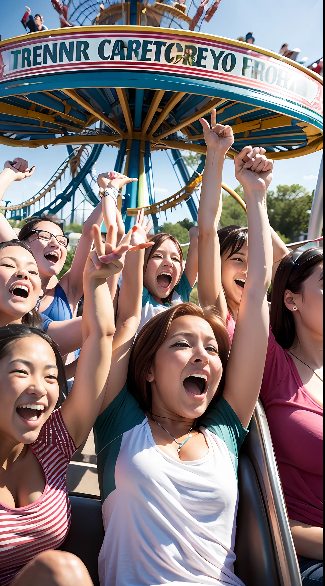 A dozen friends play roller coaster at a large amusement park