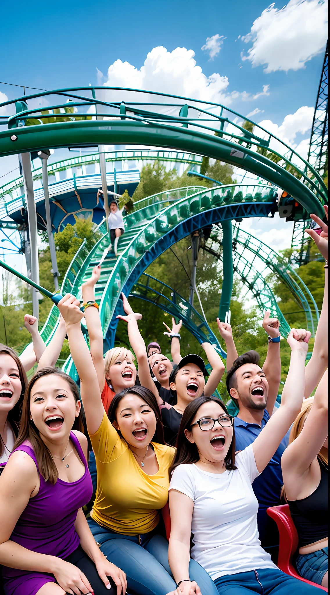 A dozen friends play roller coaster at a large amusement park