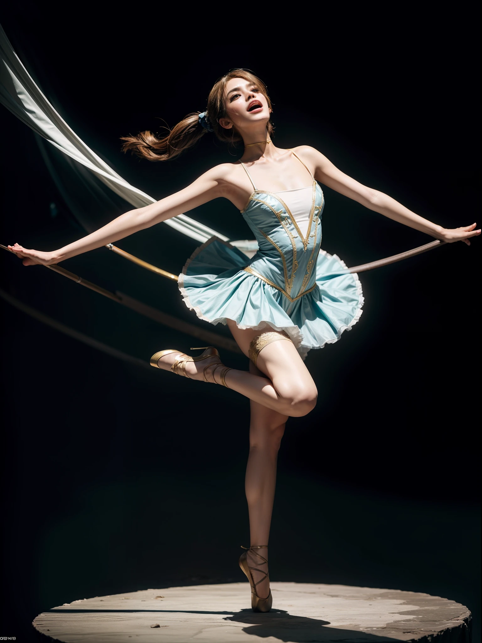 Splitting characters is prohibited,(Full body shot:1.3), Must show your face, anatomy correct, Dance ballet on top of the mountain,Stockings are mandatory, Ballet costumes of any color,Beige tones, A shallow laugh, Complex and diverse backgrounds,Strangling effect,hyper HD, Ray traching, structurally correct, Award-Awarded, high detal, lightand shade contrast, Face lighting,cinmatic lighting, tmasterpiece, super detailing, high high quality, high detal, best qualityer, 16k