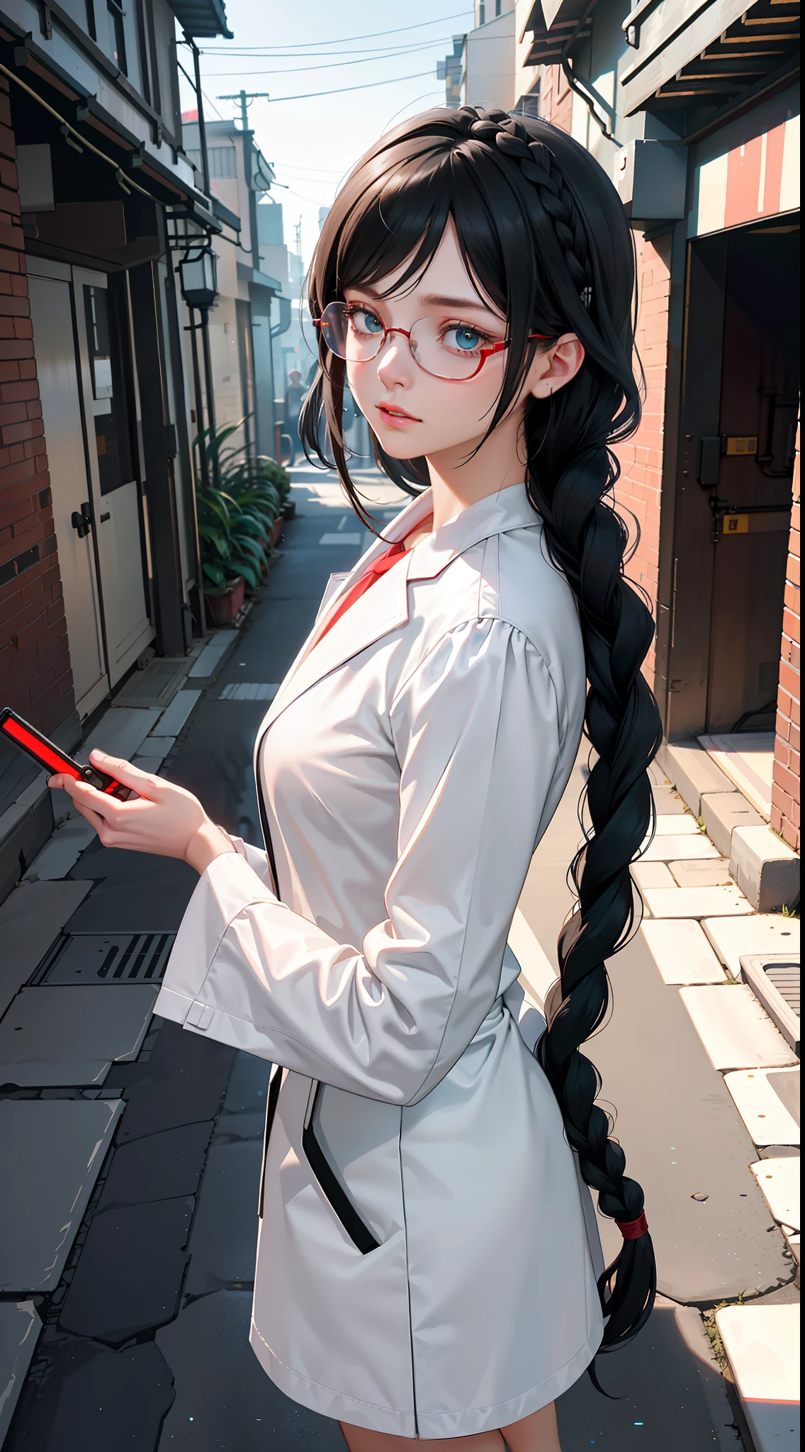 Maximum face detail,Close-up view,((long hairstyle braid : 1.5)),Emotionless faces,heartless.,Beautiful delicate face with details, Beautiful delicate eyes with details, Perfect face proportions, Highly fine surface, finely detailed skin, The best ratio of four fingers to one thumb........,master-piece,high-detail, lifelike,(Wear a white lab coat.: 1.8),scholar,Maximum face resolution,mature adult,(Black Hair,Short Black Hairstyle,Best pigtails,Wear red glasses......,Dark green eyes),Future World,science fiction,(Stand in the alleys of a high-tech city......:1.8),Profoundly intelligent personality