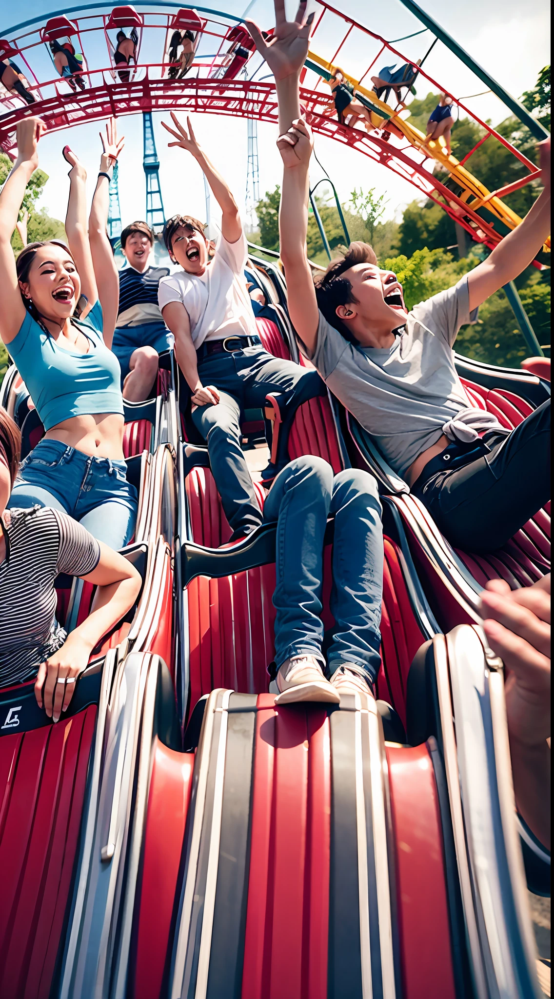 A dozen friends play roller coaster at a large amusement park