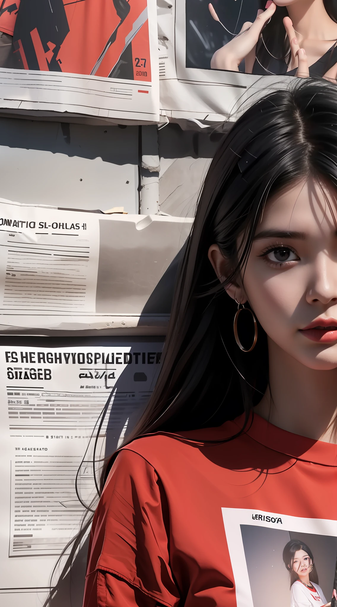 Arakfi woman with long black hair in a red shirt and brown skirt, Red T-shirt, korean women's fashion model, reds), trending at cgstation, She is seen wearing streetwear pieces, trending on cgstation, Official product image, with ripped crop t - shirt, [ Realistic photo ]!!, e - girl, E-Girl, ulzzangs