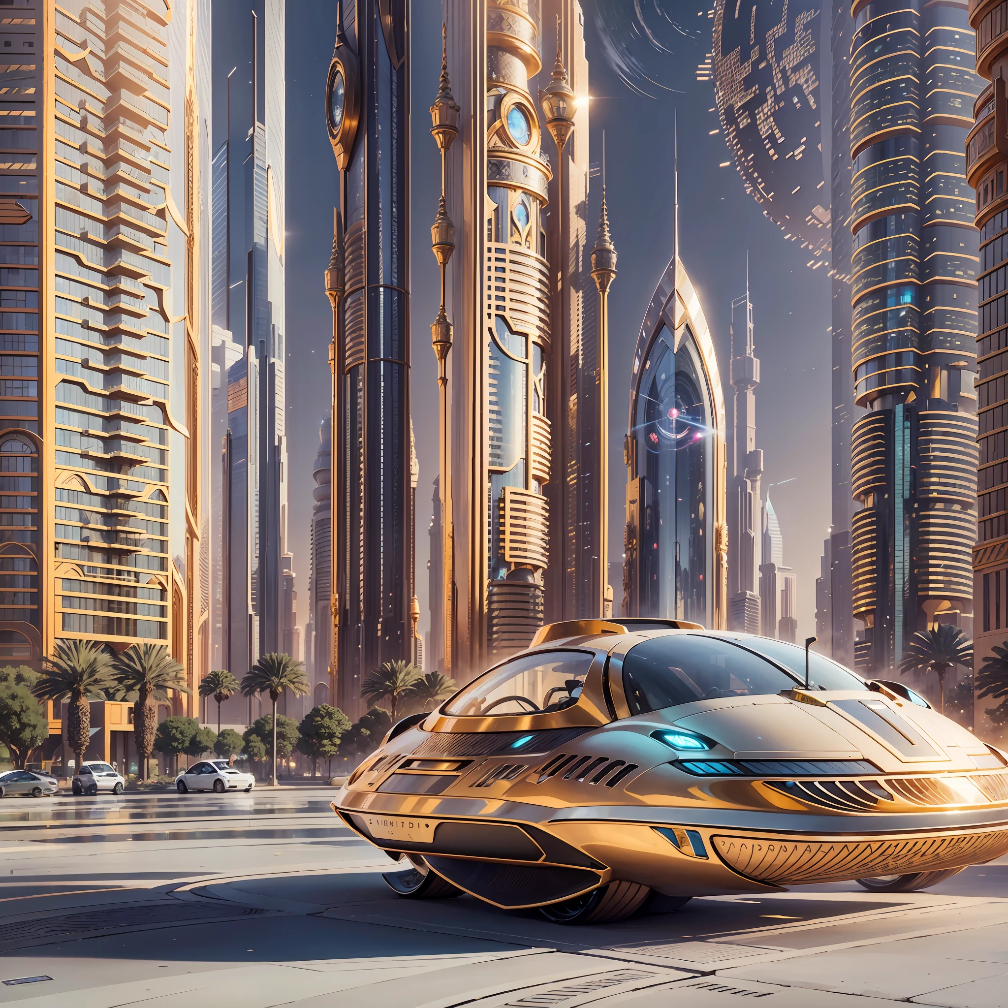 Enter a fascinating vision of the future through captivating futuristic imagery of the city of Dubai. The towering giant skyscraper is decorated with gold ornaments and a smooth glass curtain wall，pierce the sky, The vibrant lights of the city that never sleeps. In the midst of a bustling cityscape, An iconic giant pyramid-style high-tech building, Its architectural marvels are enhanced in a futuristic style. When the hovercar glides easily through the air，The city is full of life，Full of life。，Full of life。，Full of life。，Full of life。，Full of wealth。，Full of luxury。，Full of technology。。, State-of-the-art technology blends seamlessly with traditional Arabian luxury urban structures. This stunning work of art, Use Pixai to bring powerful AI models to life, Show the limitless creativity and possibilities of our imagination. Experience the future of the cityscape at Pixai，Immerse yourself in a visionary world of art