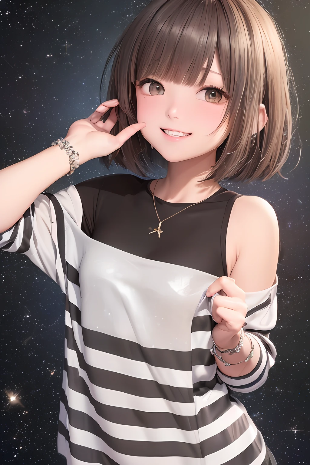 (Highly detailed CG Unity 8K wallpapers、masterpiece、top-quality、The ultra-detailliert)、(extremely delicate and beautiful)、(dynamic ungle、portlate)、(Brown hair)、(Away from the shoulders)、美丽的面容、de pele branca、depth of fields、radiant lips、vivd colour。embarrassed from、short-cut、straight haired、(Glitter background)、Striped Sweater(Y-shirt)、(laught)、(eyes gentle)、Happiness、(grey eyes)、Dazzling smile、(Oversize)、Crumpled smile、Hands in the mouth、Bright background、