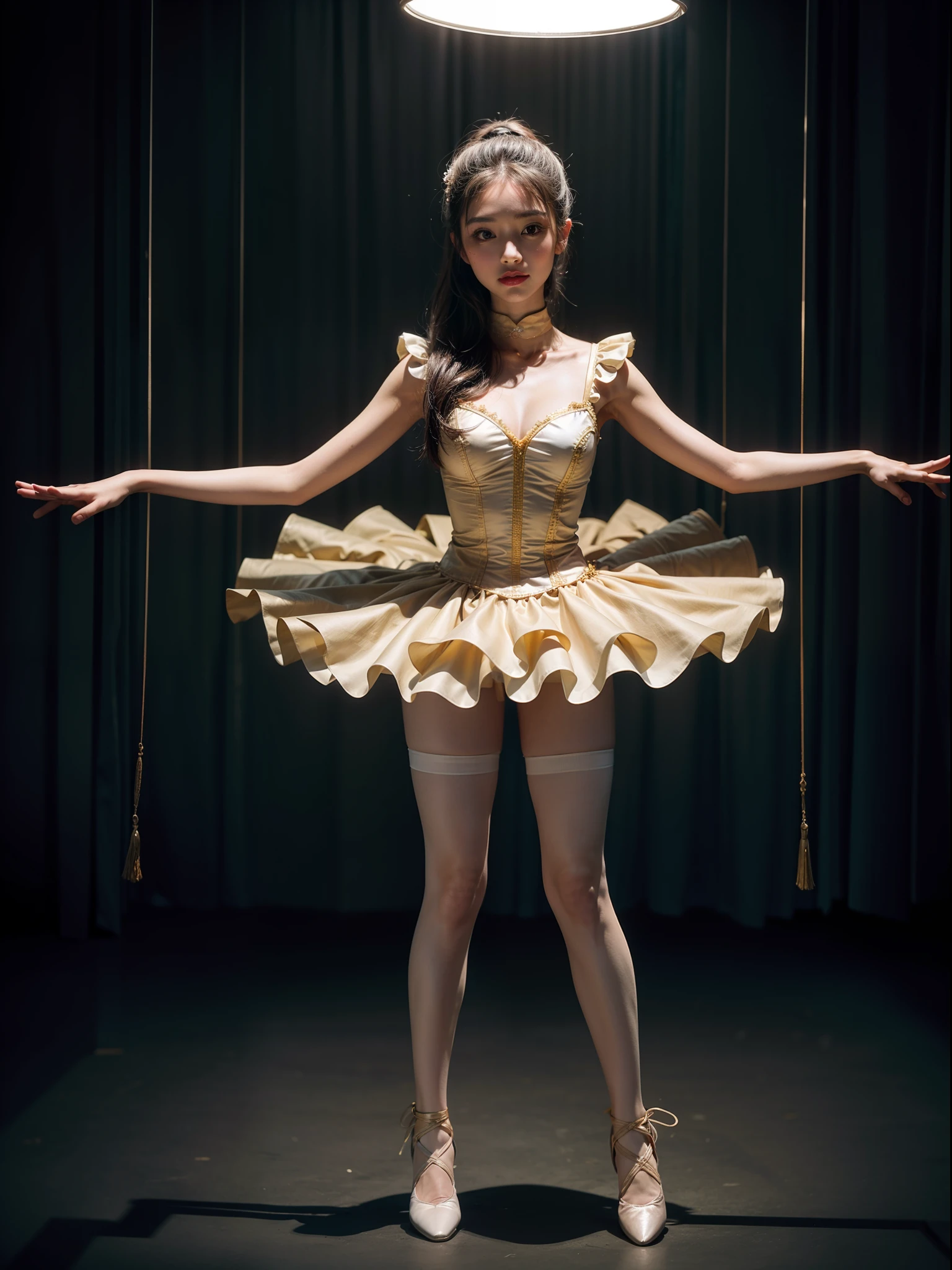 Splitting characters is prohibited,(Full body shot:1.3), Must show your face, anatomy correct, Dance ballet on top of the mountain,Stockings are mandatory,revealed, Ballet costumes of any color,Beige tones, A shallow laugh, Complex and diverse backgrounds,Strangling effect,hyper HD, Ray traching, structurally correct, Award-Awarded, high detal, lightand shade contrast, Face lighting,cinmatic lighting, tmasterpiece, super detailing, high high quality, high detal, best qualityer, 16k