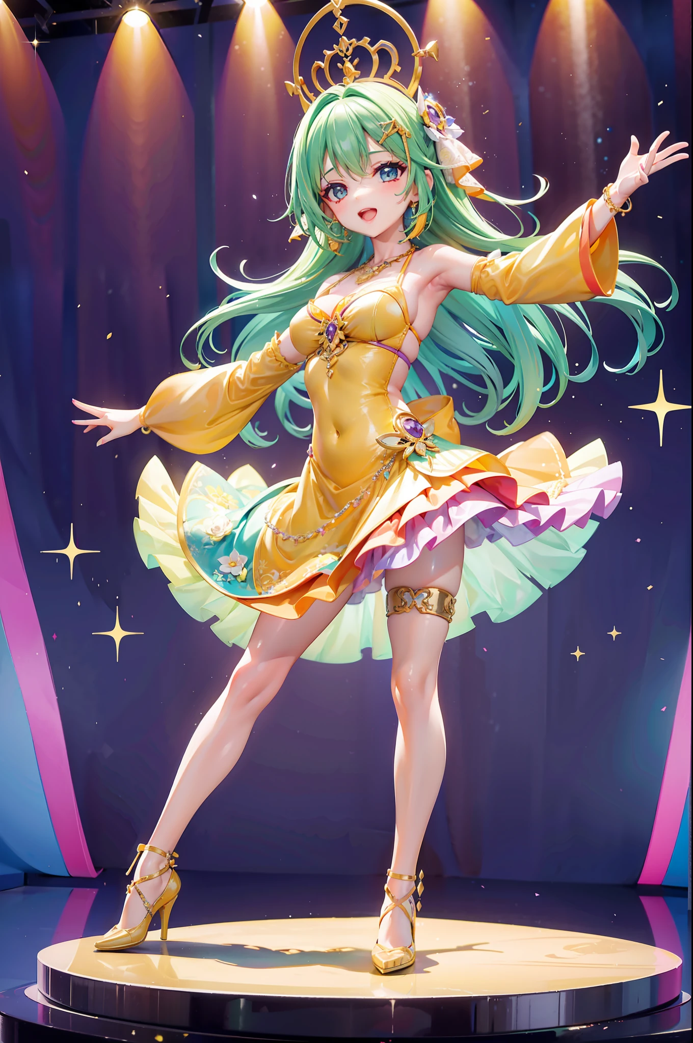 Una imagen de cuerpo completo. En una discoteca con muchas luces de colores, A beautiful young woman is dancing in a very cheerful and energetic way on a stage.... Ella lleva el pelo muy largo y ondulado, Ella lleva un vestido corto y ajustado de color verde claro, high heel shoes. She wears several very long rhinestone necklaces of youthful design.