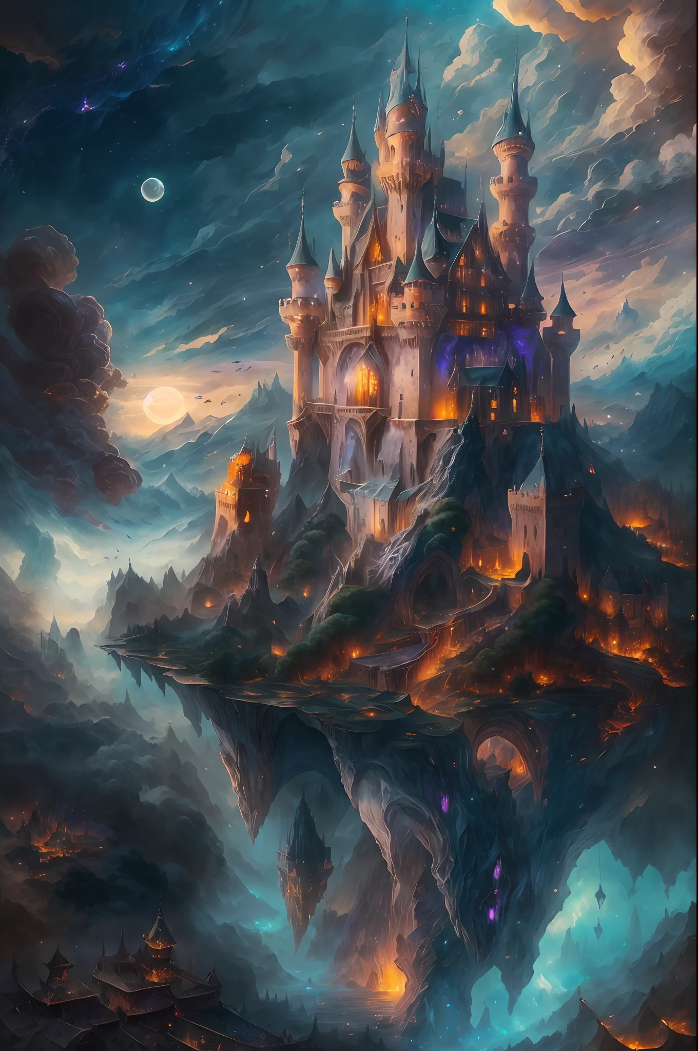 a full panoramic picture of a magical castle [[hovering]] (intense details, Masterpiece, best quality: 1.6) in the sky (intense details, Masterpiece, best quality: 1.5), [[in the sky]] hanging among the clouds (intense details, Masterpiece, best quality: 1.5) at night, flying castle in the sky (intense details, Masterpiece, best quality: 1.5), moon light, stars. many colors light from castle windows, dragons  (intense details, Masterpiece, best quality: 1.5) flying around castle, atmosphere of enchantment and, atmosphere of magic (intense details, Masterpiece, best quality: 1.5), 8k, ultra detailed, masterpiece, best quality, (extremely detailed)